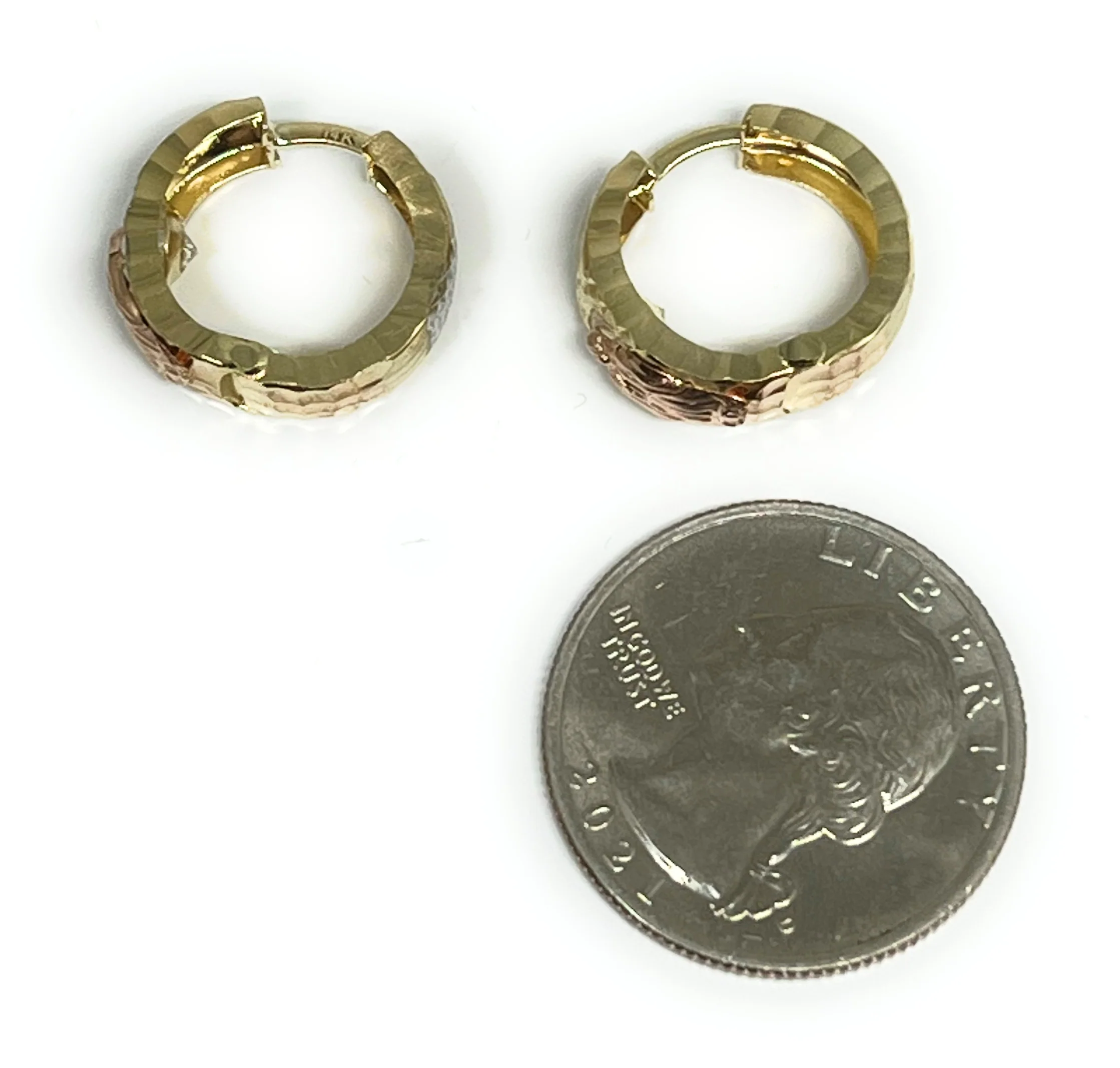 14k Solid Gold Rose & Gold Virrgin Mary Huggie Earrings - Image 2