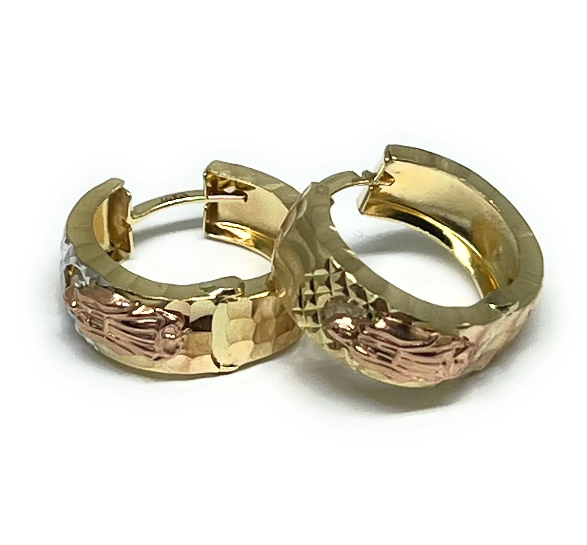 14k Solid Gold Rose & Gold Virrgin Mary Huggie Earrings - Image 4
