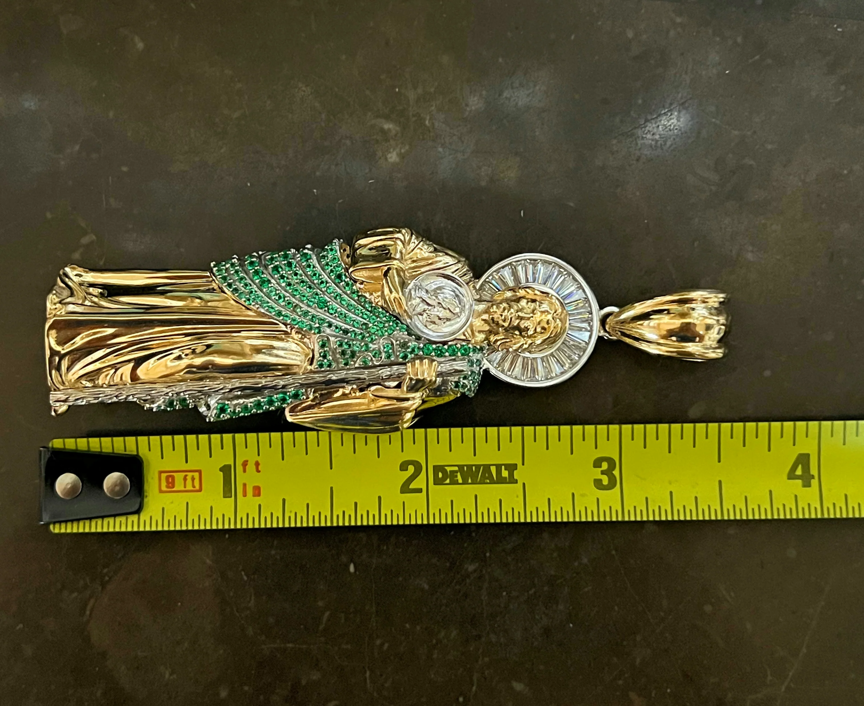 14k Solid Gold Saan Judas Saaint Jude 3D BIG XXL 3.5 INCH Pendant Green CZ FULL 3D Statue (FC) (35g) - Image 2