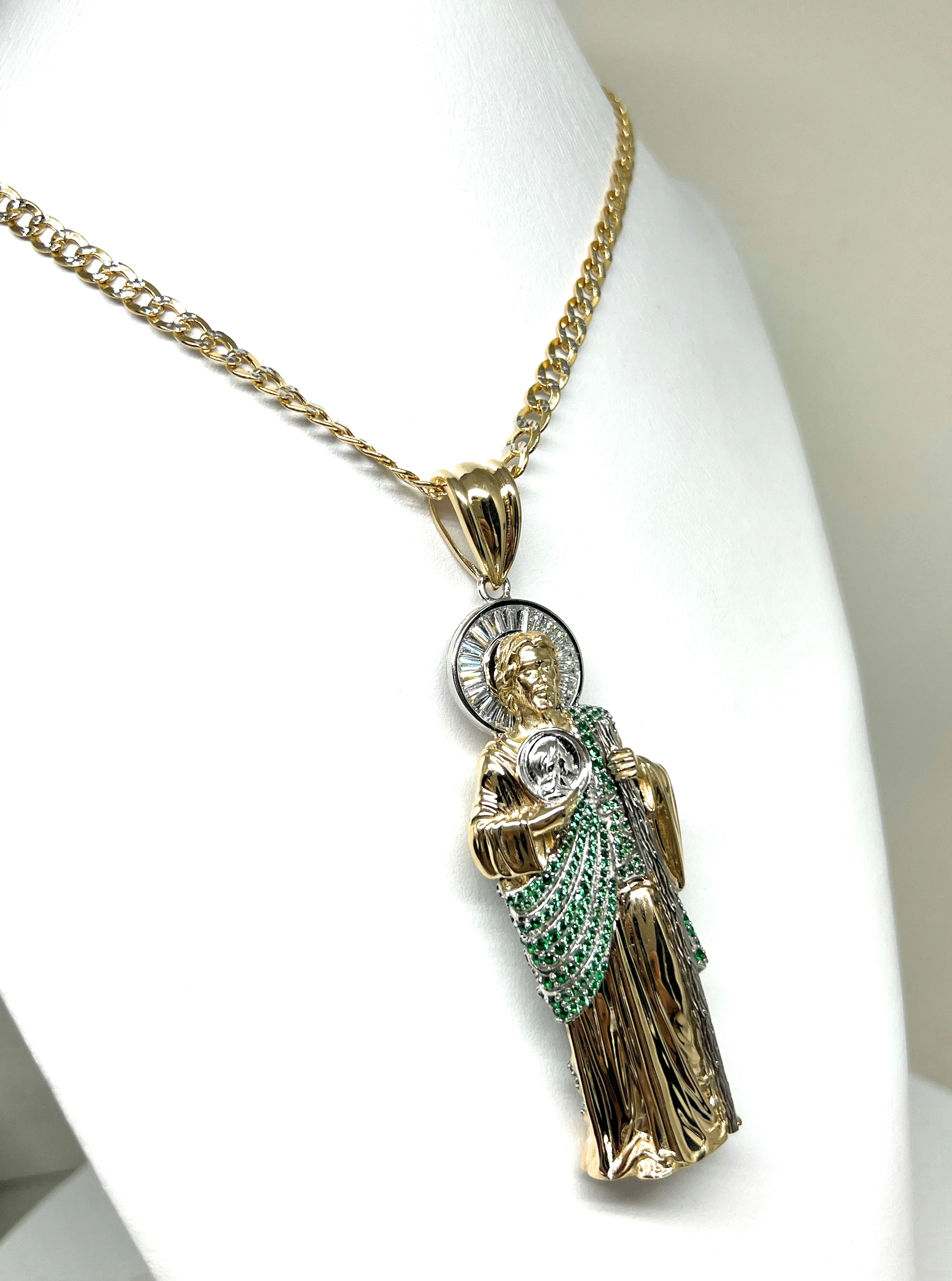 14k Solid Gold Saan Judas Saaint Jude 3D BIG XXL 3.5 INCH Pendant Green CZ FULL 3D Statue (FC) (35g) - Image 5