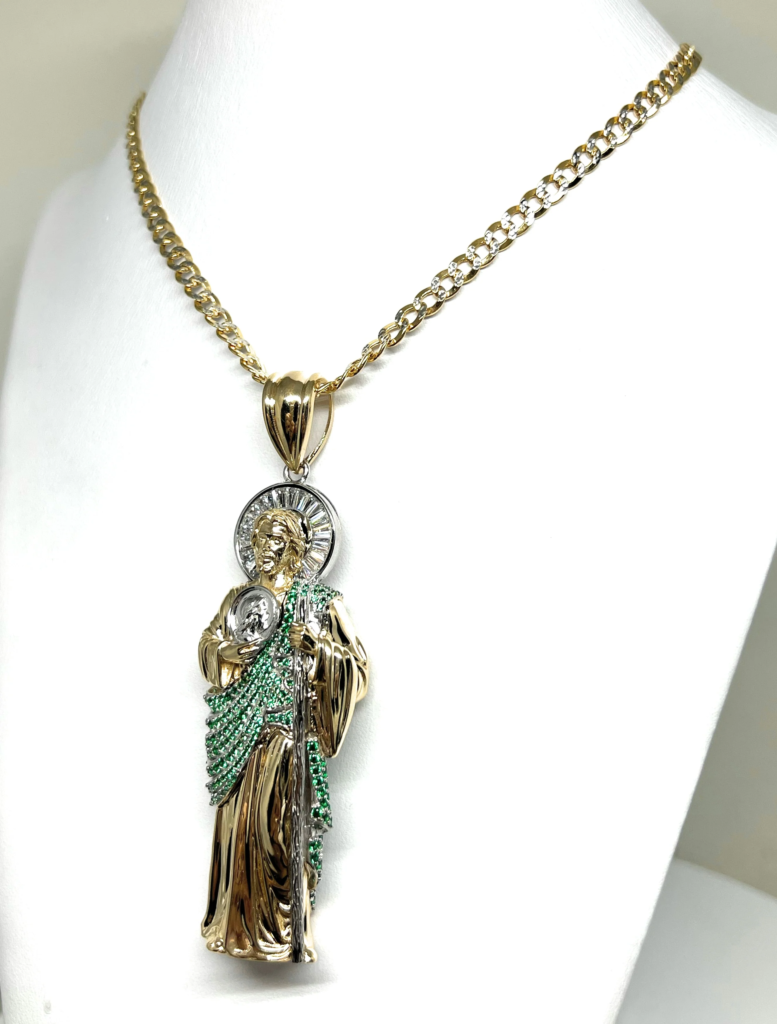 14k Solid Gold Saan Judas Saaint Jude 3D BIG XXL 3.5 INCH Pendant Green CZ FULL 3D Statue (FC) (35g) - Image 6