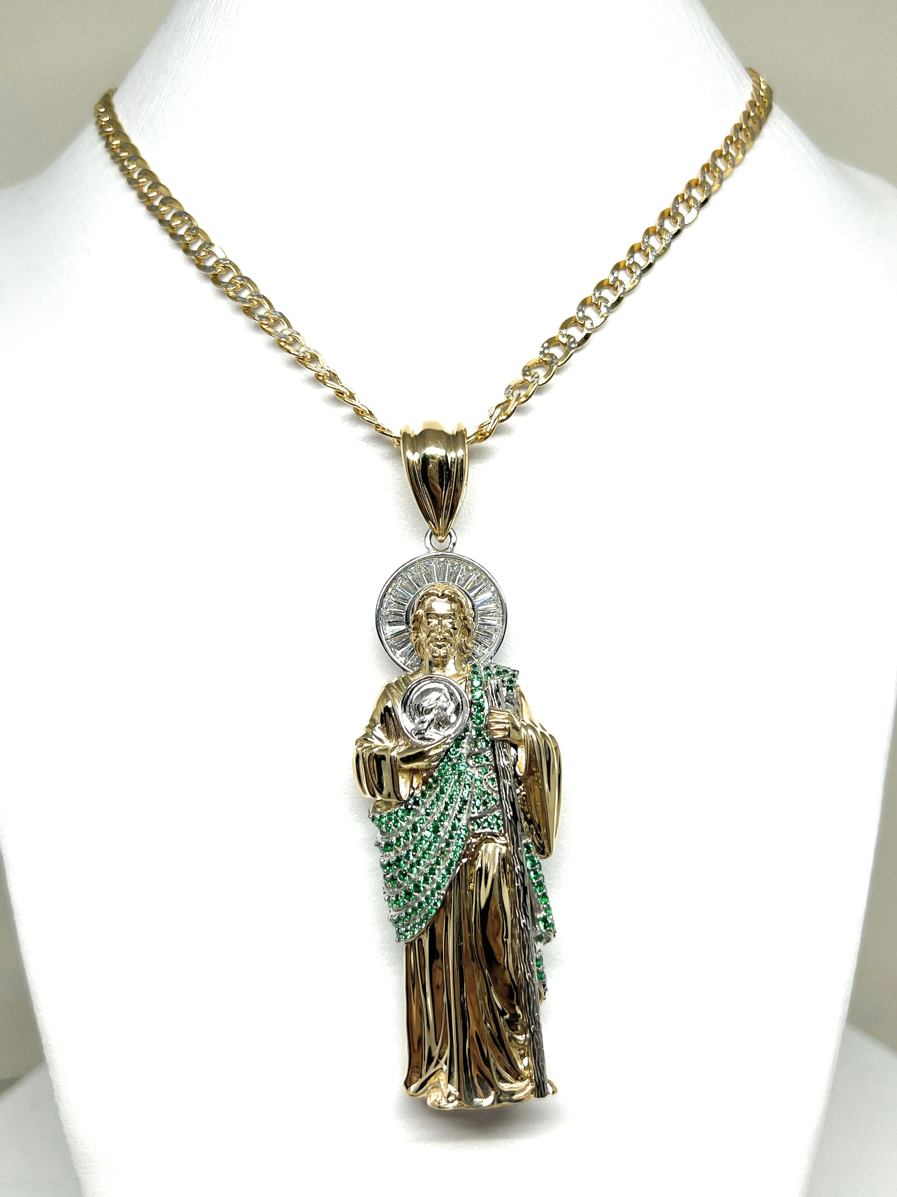 14k Solid Gold Saan Judas Saaint Jude 3D BIG XXL 3.5 INCH Pendant Green CZ FULL 3D Statue (FC) (35g) - Image 8
