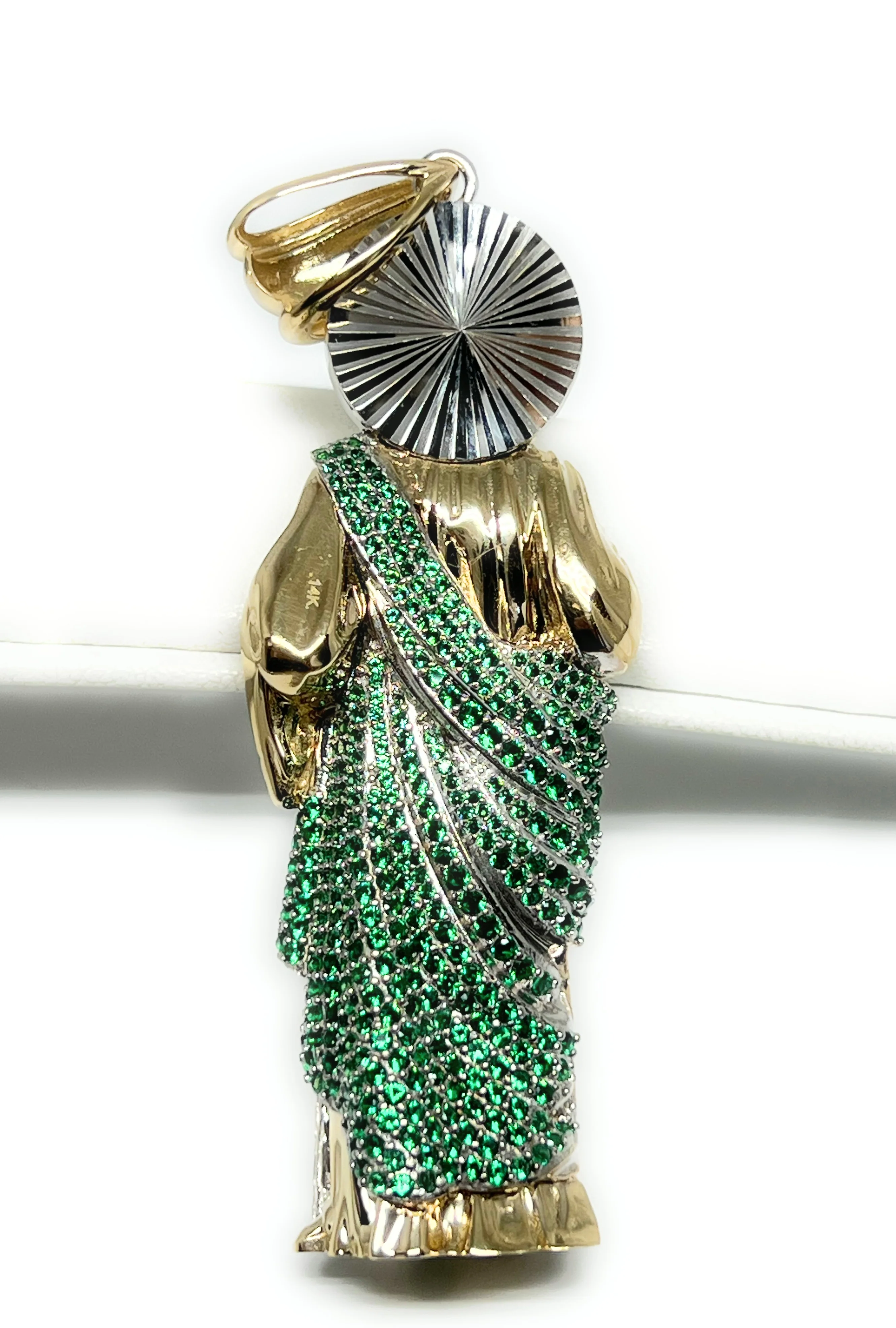 14k Solid Gold Saan Judas Saaint Jude 3D BIG XXL 3.5 INCH Pendant Green CZ FULL 3D Statue (FC) (35g) - Image 9