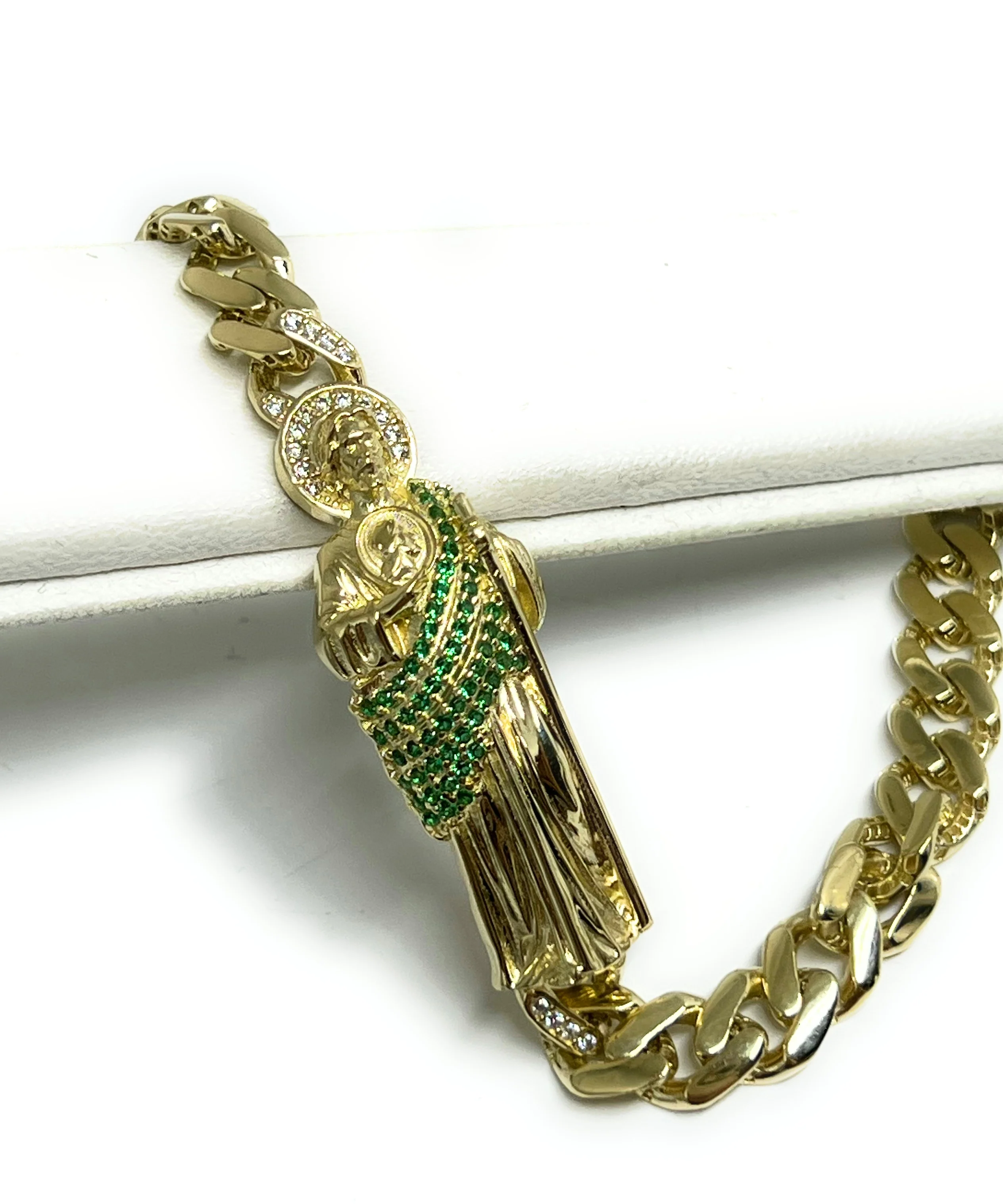 14k Solid Gold SAAN JUDAS SAAINT JUDE 3D GREEN CZ Brracelet 7-9 inch (14-16.5g) - Image 5