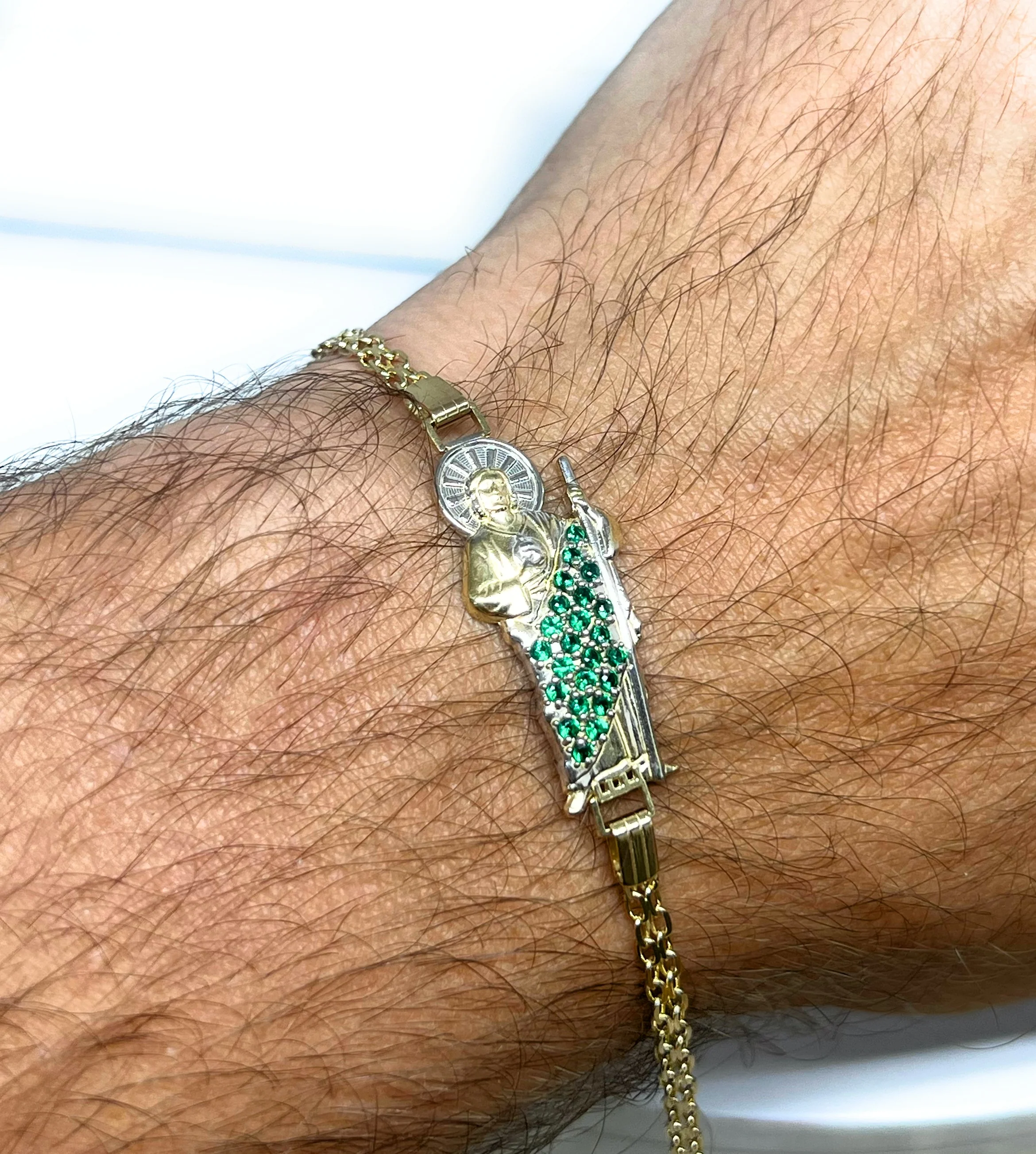 14k Solid Gold SAAN JUDAS SAAINT JUDE GREEN CZ Brracelet 7.2 inch - Image 6
