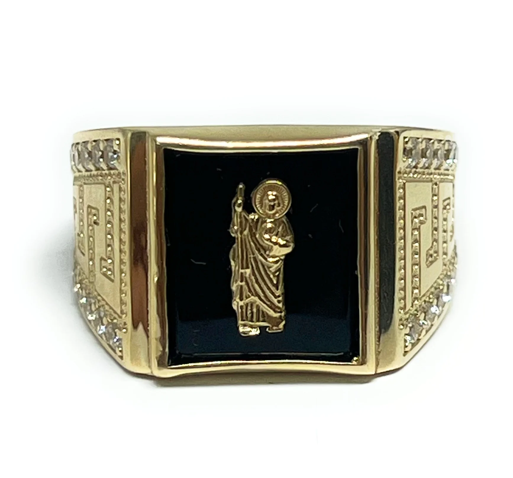14k Solid Gold SAAN JUDAS SAAINT JUDE ONYX CZ GREEK BORDER Ring (8.9g)