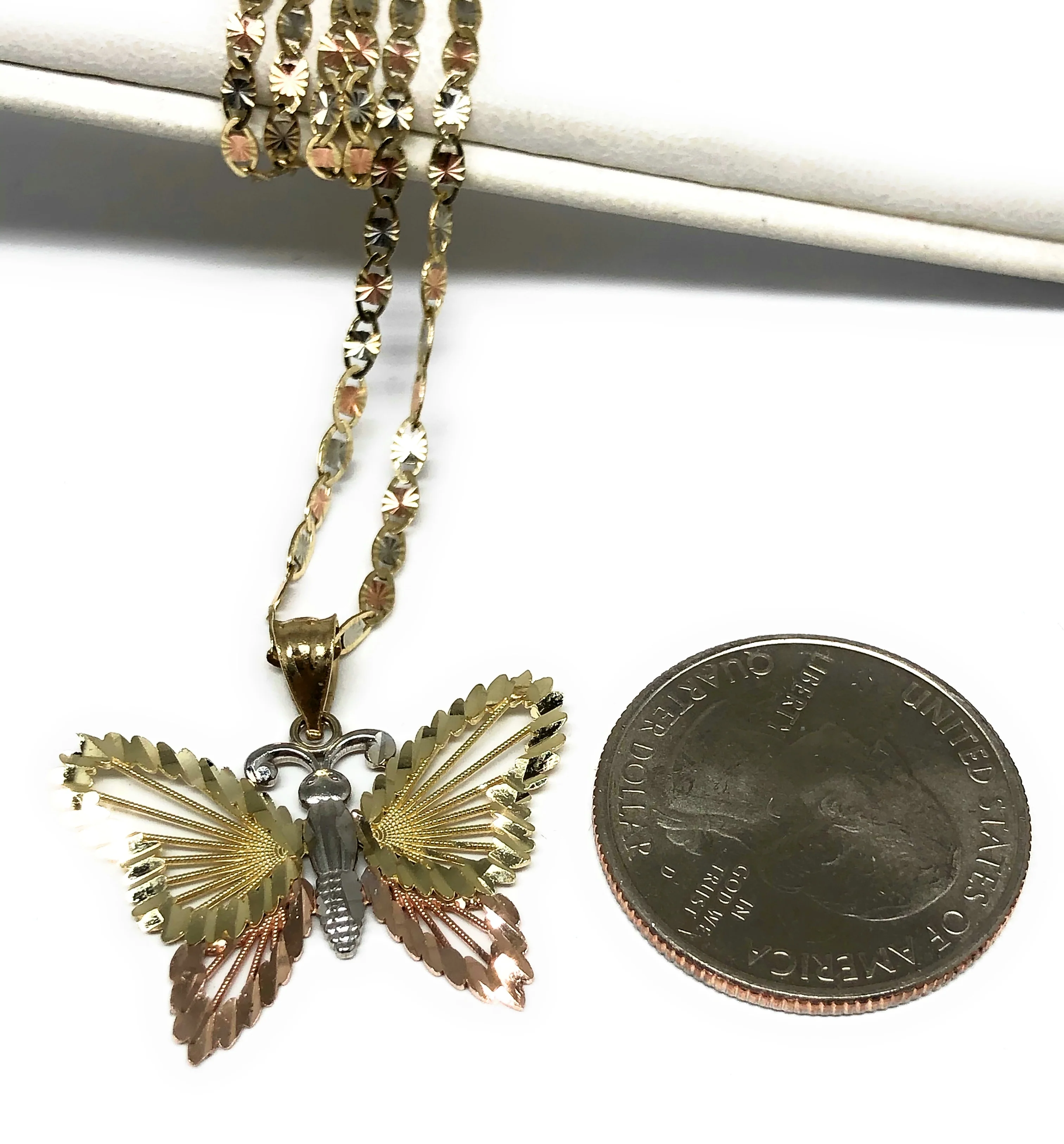 14k Solid Gold Tri-Color Butterfly Pendant Necklace Valentina Chain - Image 2