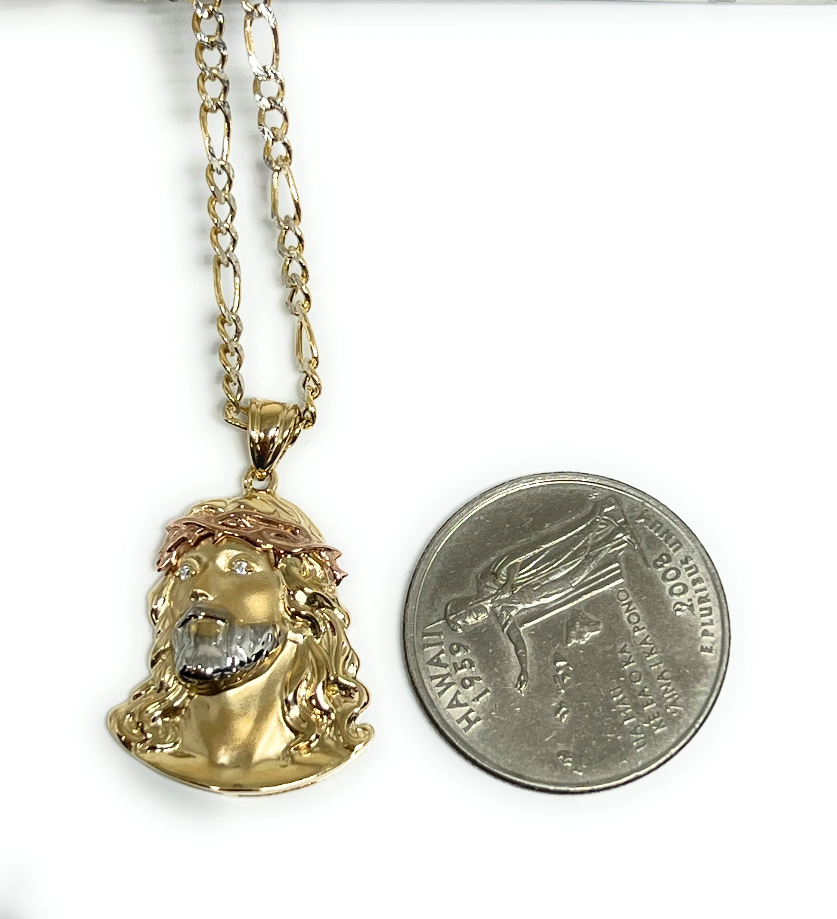 14k Solid Gold Tri-Color Classic Jesus Face Pendant Necklace (FC) - Image 2