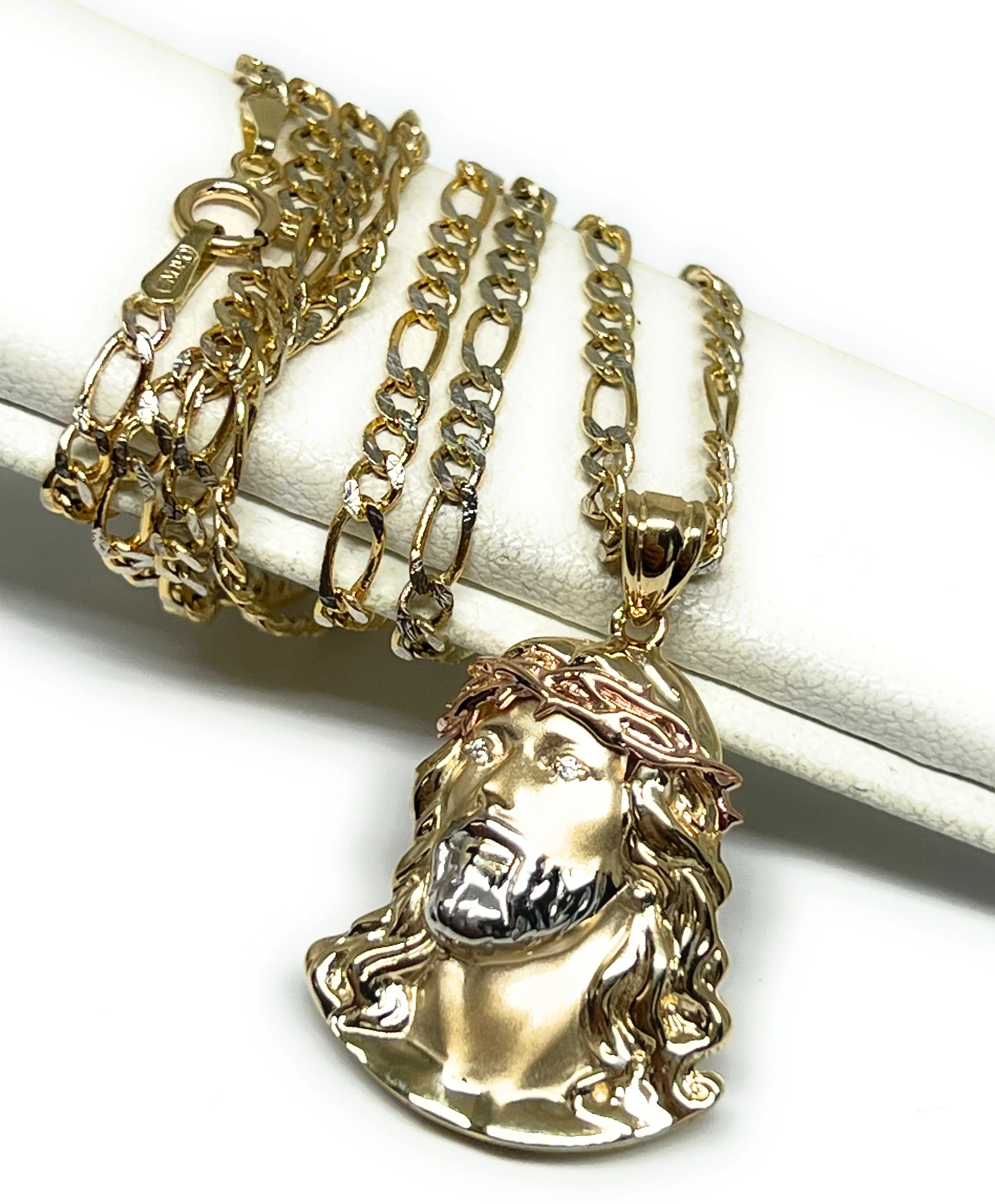 14k Solid Gold Tri-Color Classic Jesus Face Pendant Necklace (FC) - Image 4