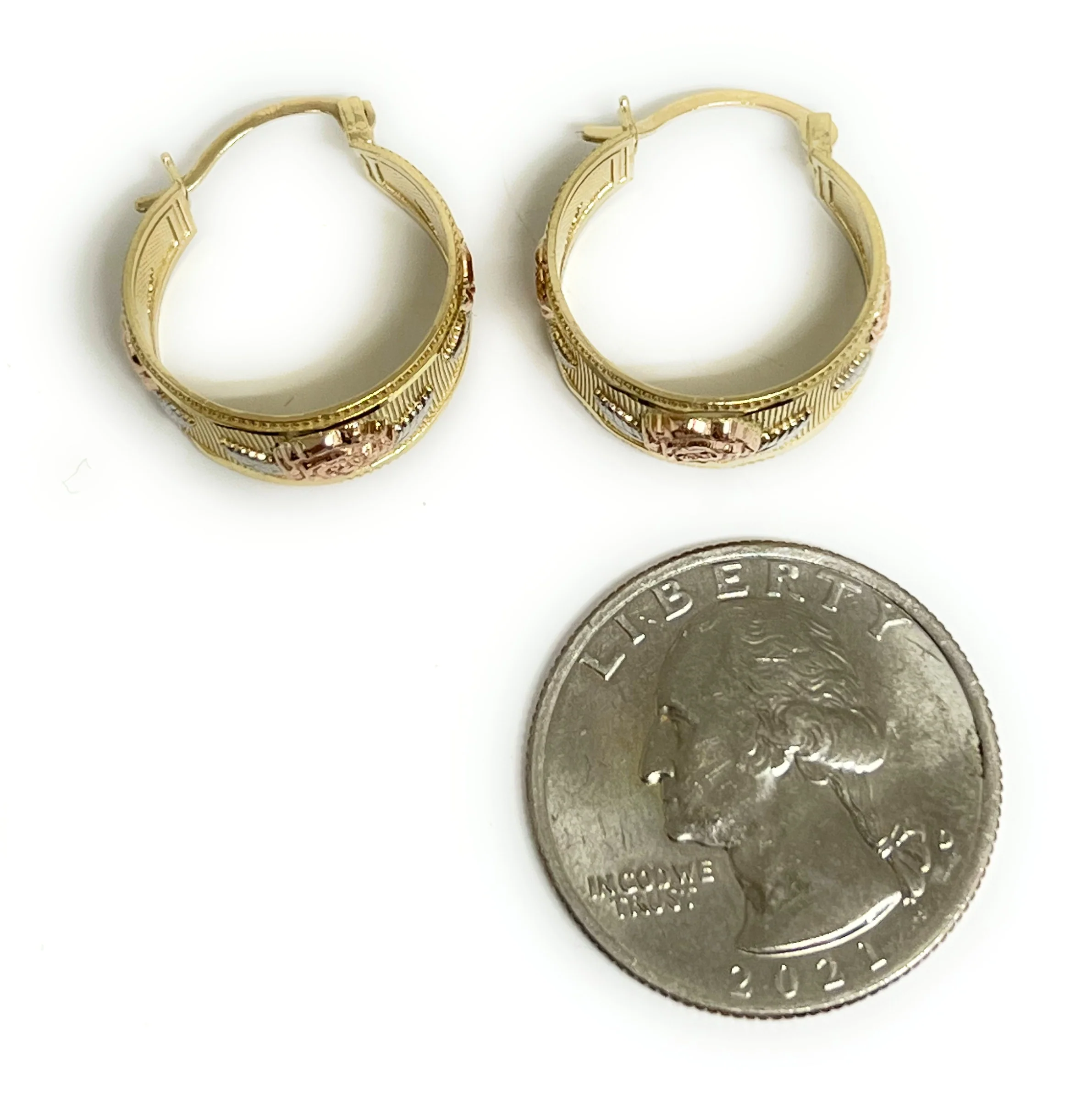 14k Solid Gold Tri-Color Flower Basket Earrings Aracadas 0.5 INCH HOOP - Image 2