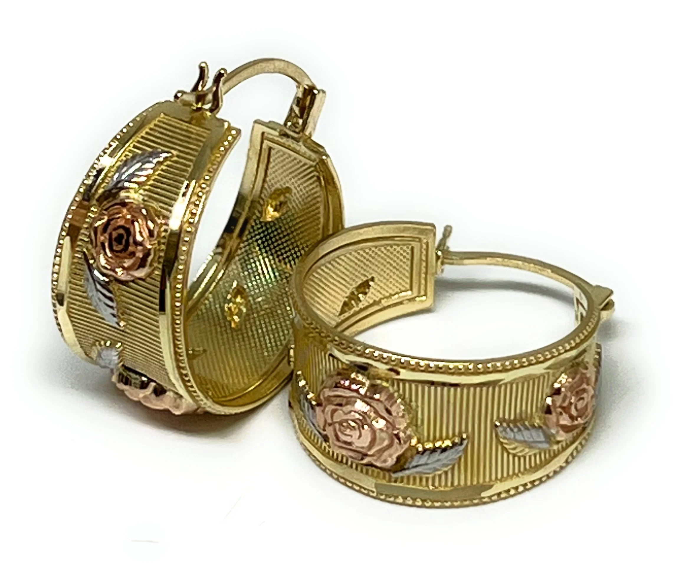 14k Solid Gold Tri-Color Flower Basket Earrings Aracadas 0.5 INCH HOOP - Image 5