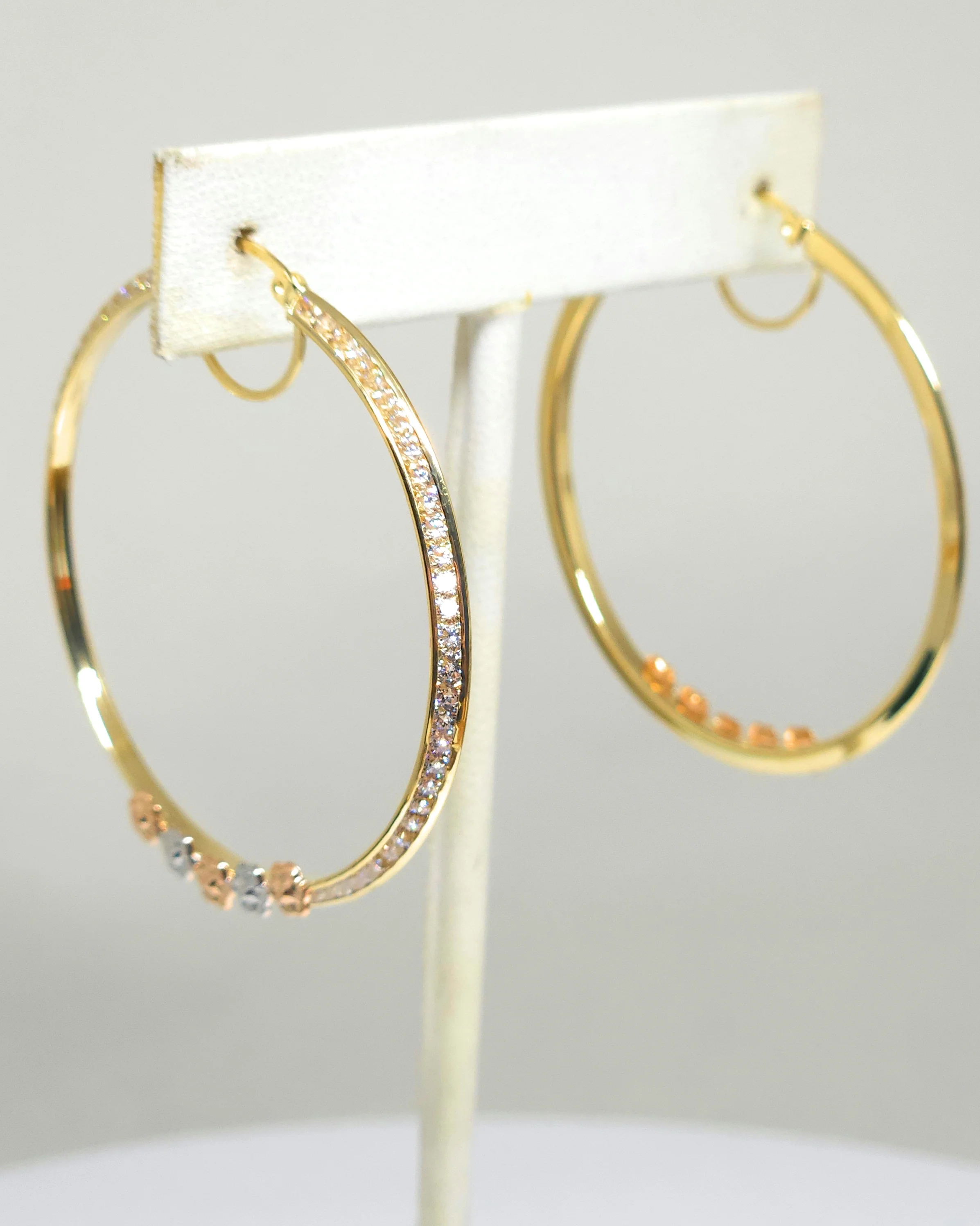 14k Solid Gold Tri-Color FLOWER CZ Hoop Earrings - Image 4