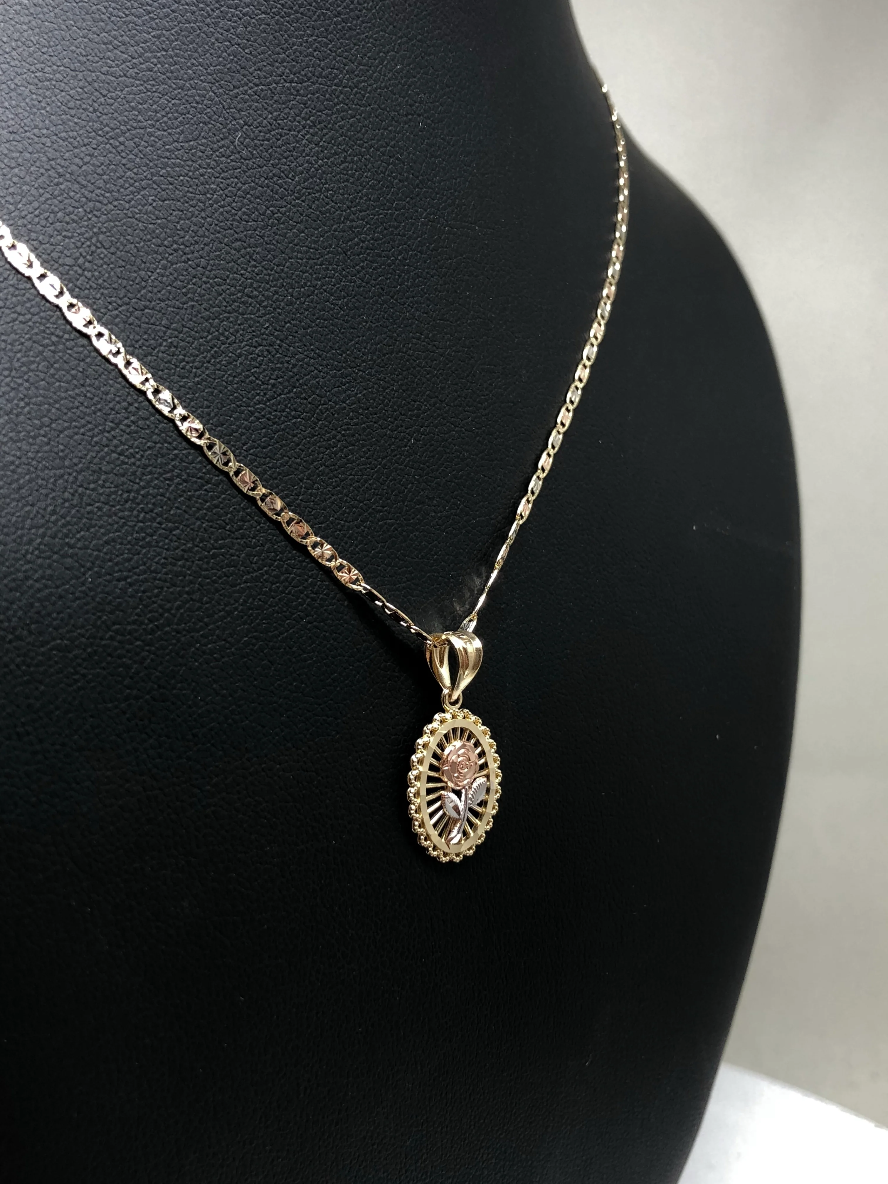 14k Solid Gold Tri-Color Flower Pendant Necklace Tri-Color Valentina Chain - Image 5