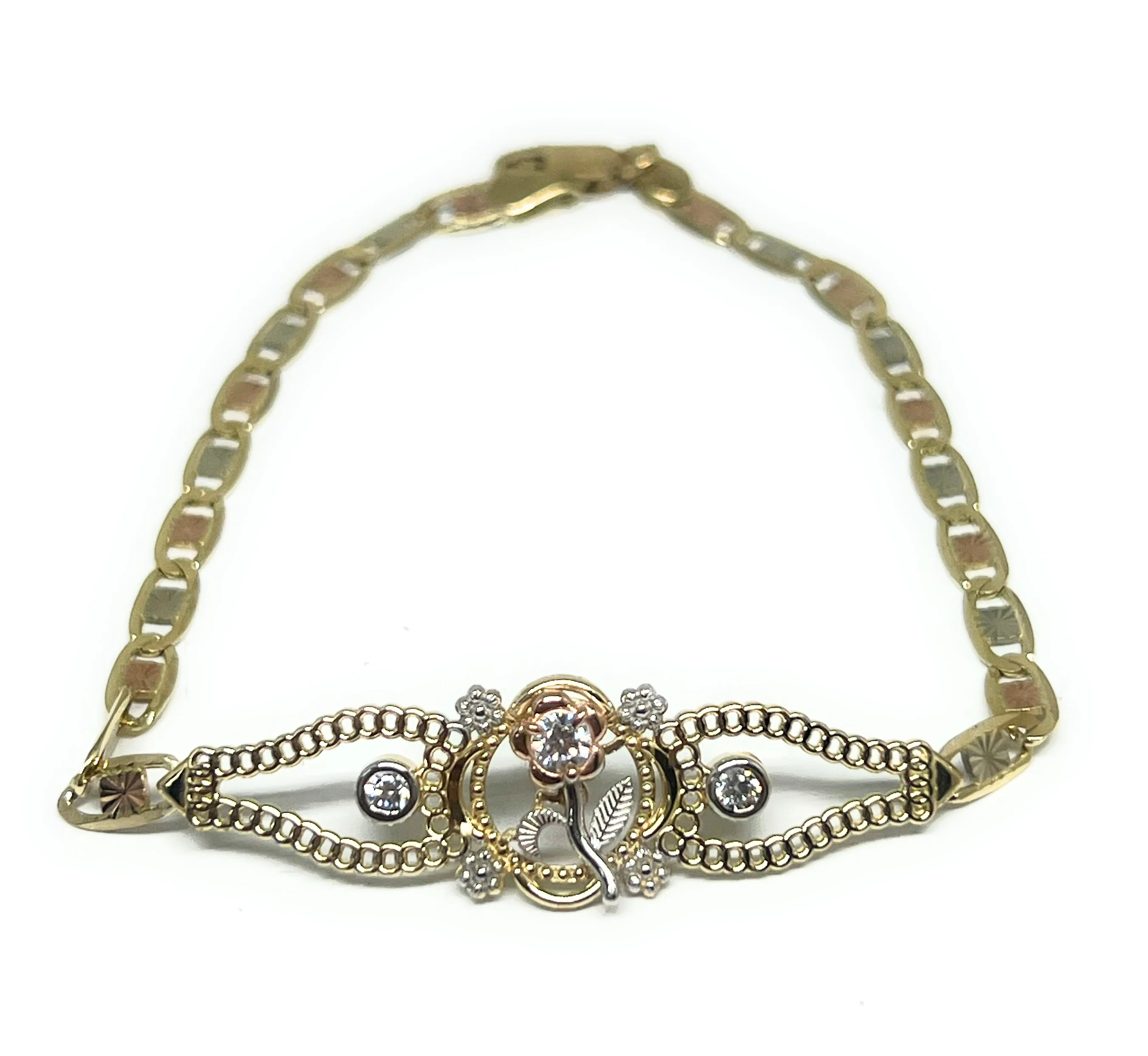 14k Solid Gold Tri-Color Flower VALENTINA Brracelet 7.5 inch 3.5mm Width