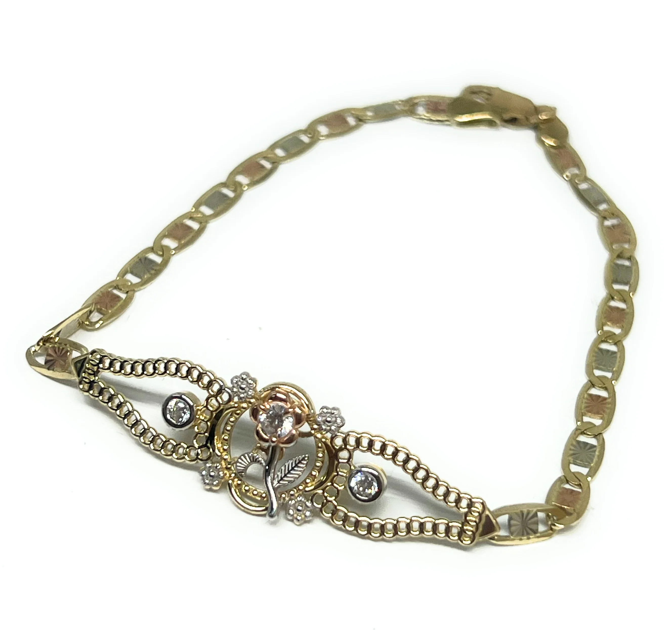 14k Solid Gold Tri-Color Flower VALENTINA Brracelet 7.5 inch 3.5mm Width - Image 2