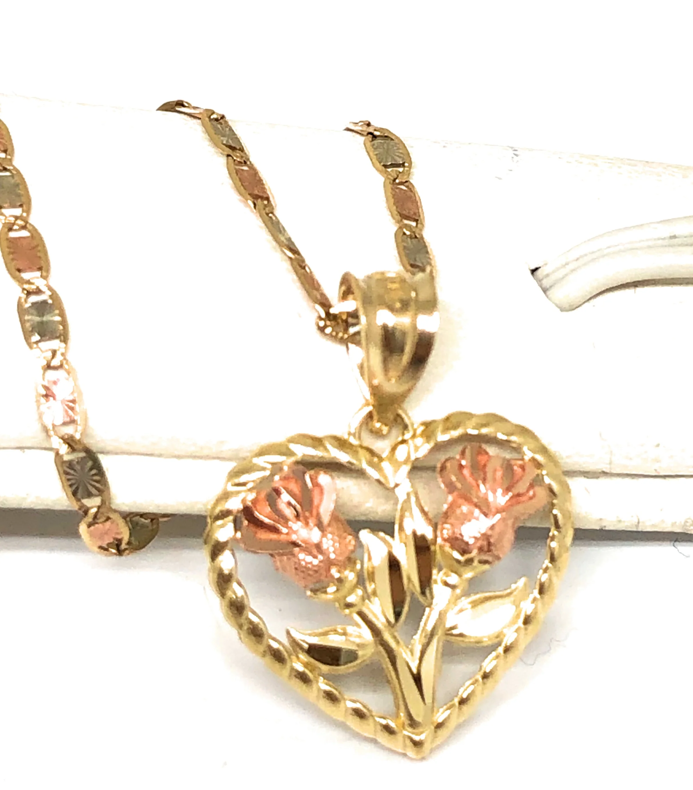 14k Solid Gold Tri-Color Gold Double Rose Flower Pendant Necklace Valentina Chain - Image 2