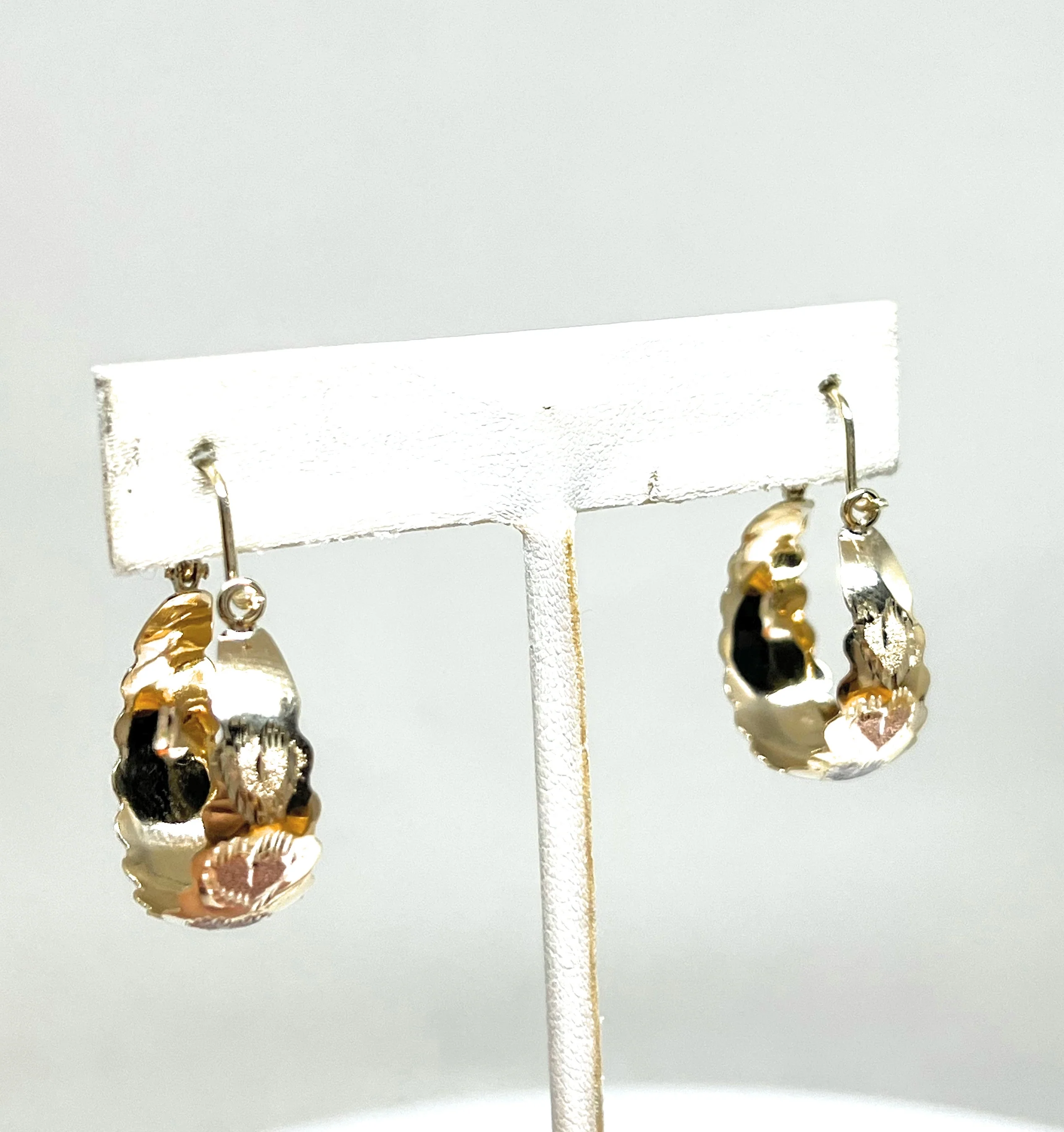 14k Solid Gold Tri-Color Heart Basket GROOVED Earrings Aracadas (SM,MED,LG) - Image 8