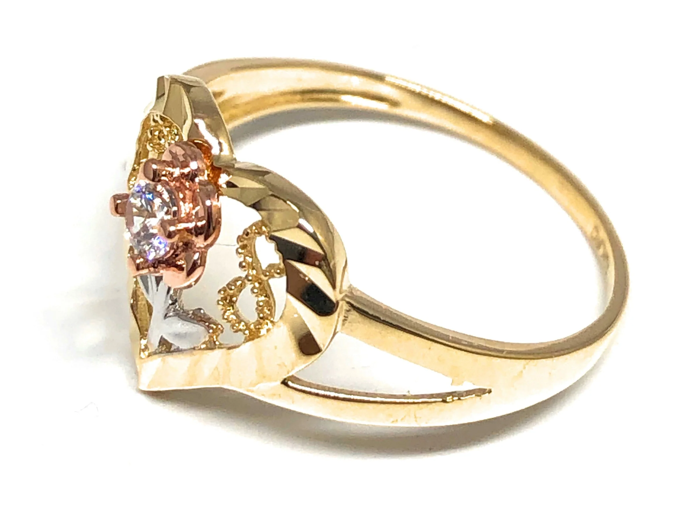 14k Solid Gold Tri-Color Heart Flower CZ Ring (FC 198) - Image 2