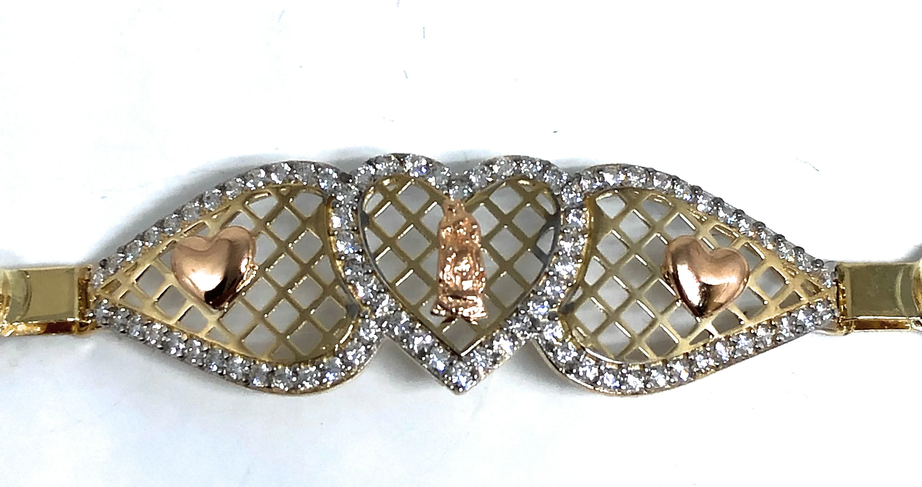 14k Solid Gold Tri-Color Heart Virrgin Mary Brracelet Cubic Zirconia 8 inch Virrgen Guadalupe - Image 3