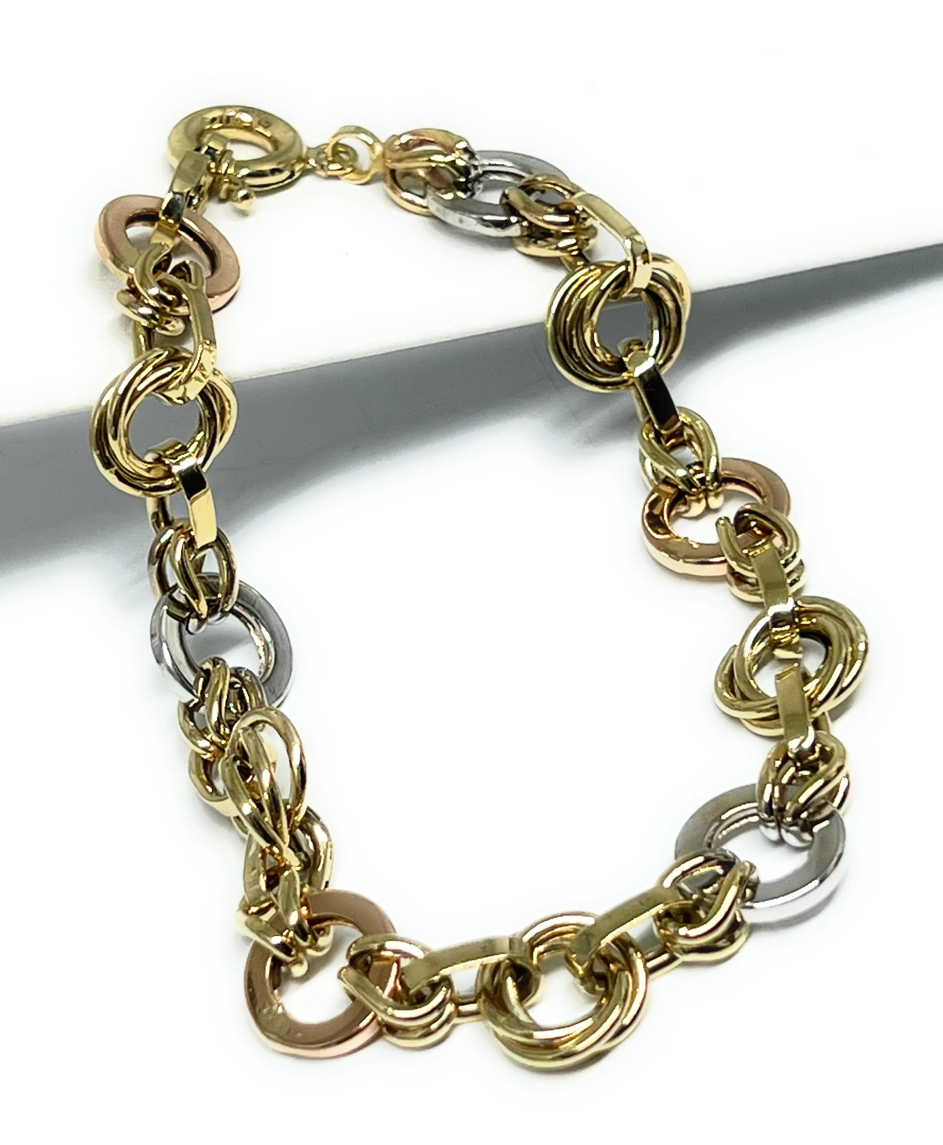 14k Solid Gold TRI-COLOR HOOP CIRCLE LINK 7.5 INCH BRRACELET (SEMI-HOLLOW) - Image 3