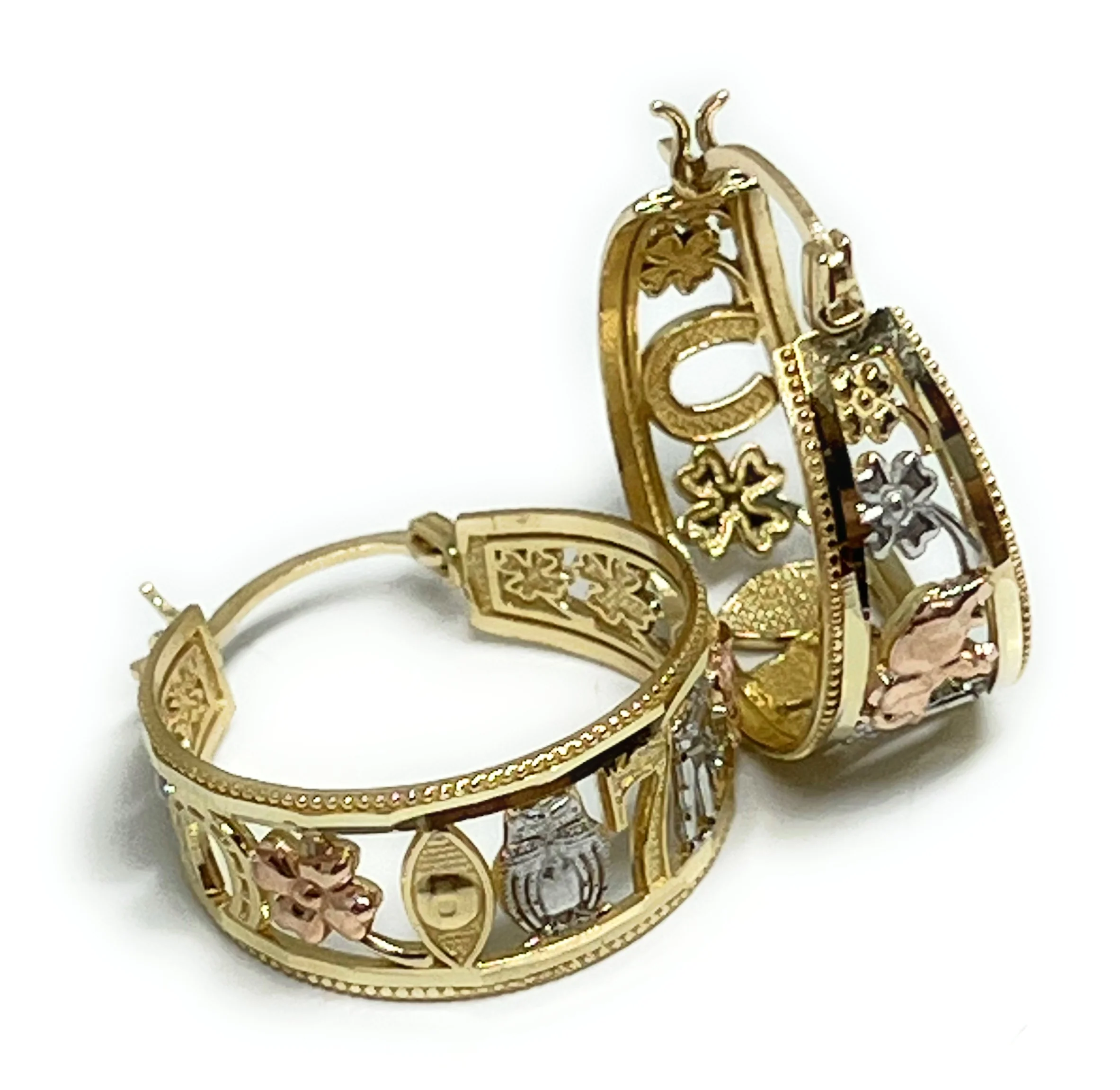 14k Solid Gold Tri-Color Lucky Symbols Basket Earrings Aracadas 0.75 INCH HOOP - Image 6