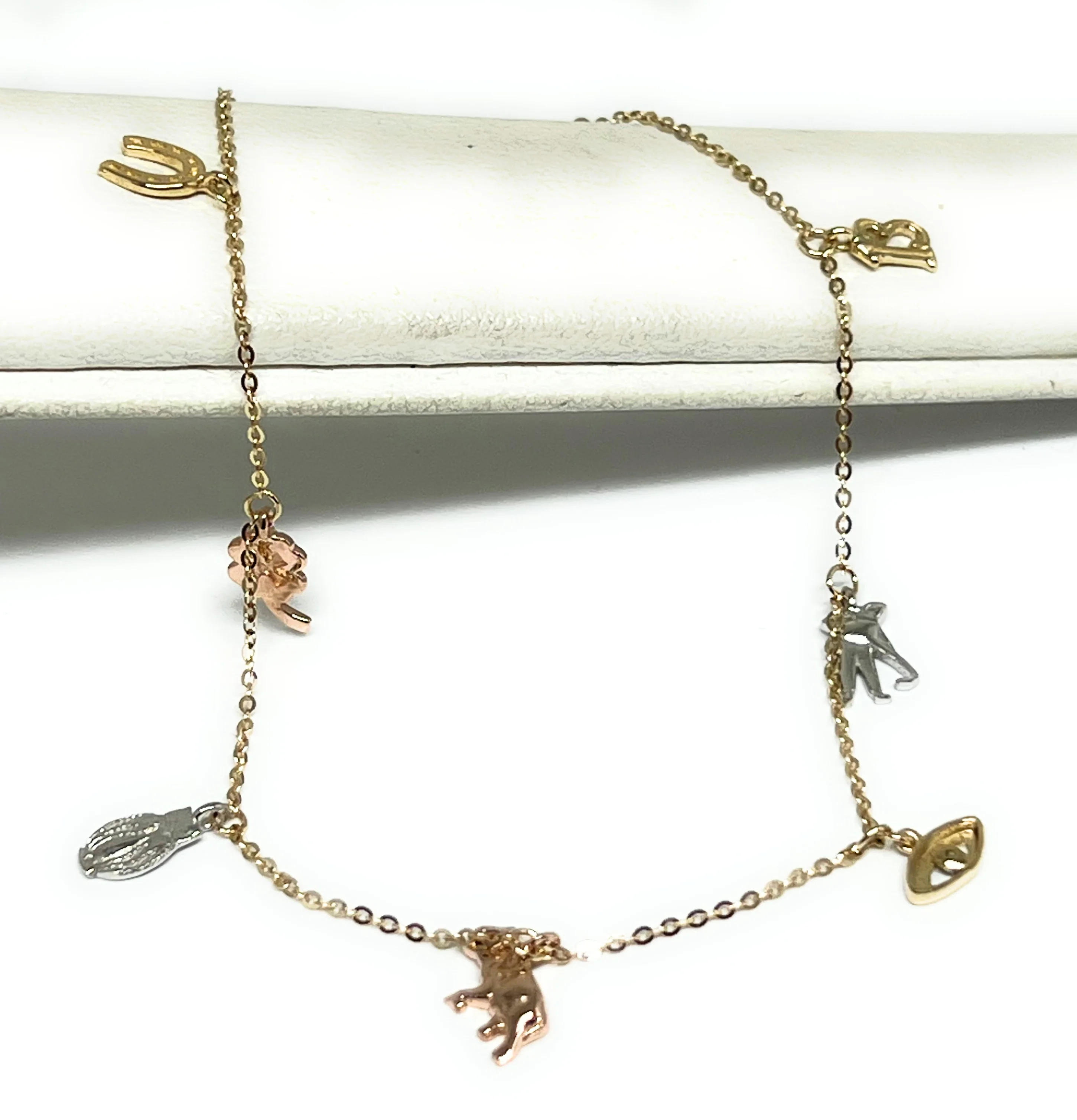 14k Solid Gold Tri-Color Lucky Symbols Brracelet 8 INCH 1mm Width (THIN & DELICATE) (FC) - Image 2
