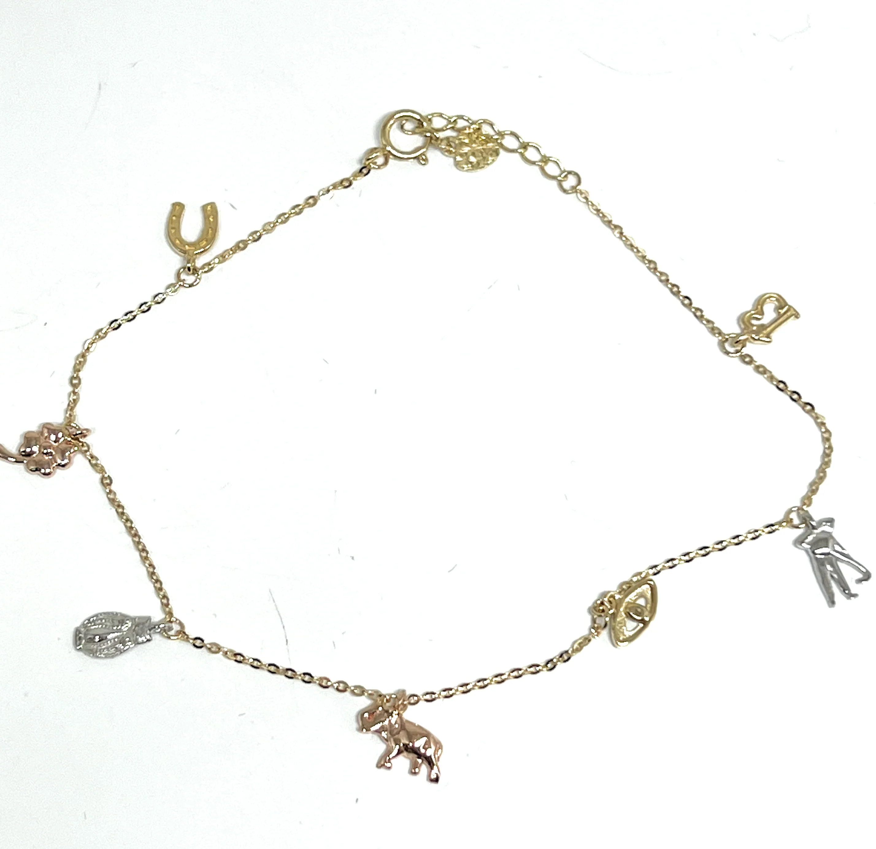 14k Solid Gold Tri-Color Lucky Symbols Brracelet 8 INCH 1mm Width (THIN & DELICATE) (FC) - Image 3