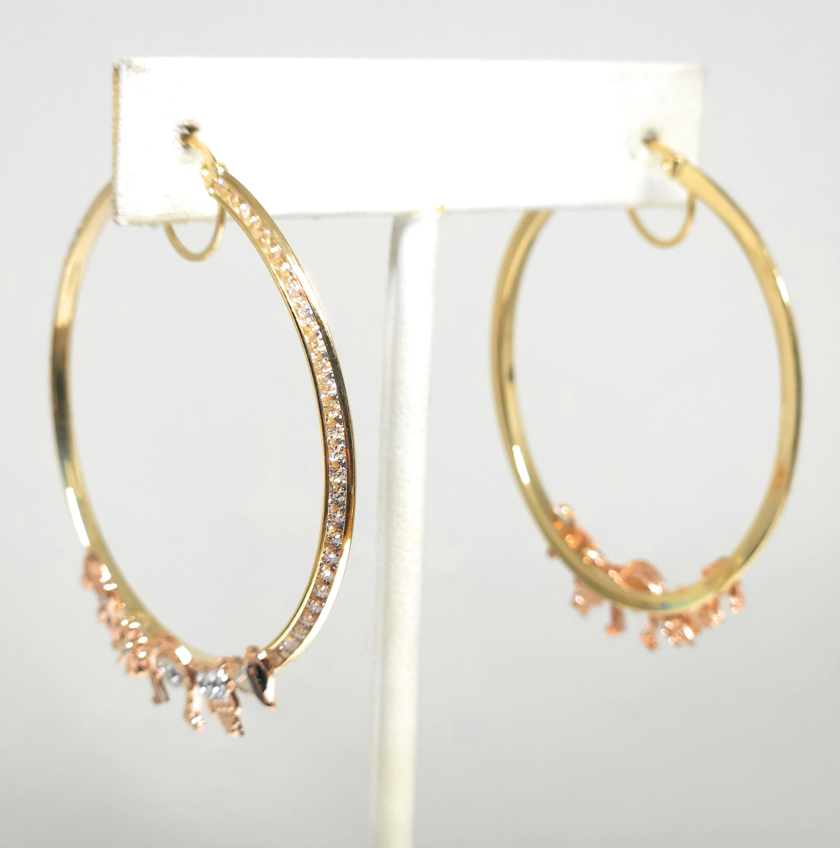 14k Solid Gold Tri-Color LUCKY SYMBOLS CZ Hoop Earrings - Image 4