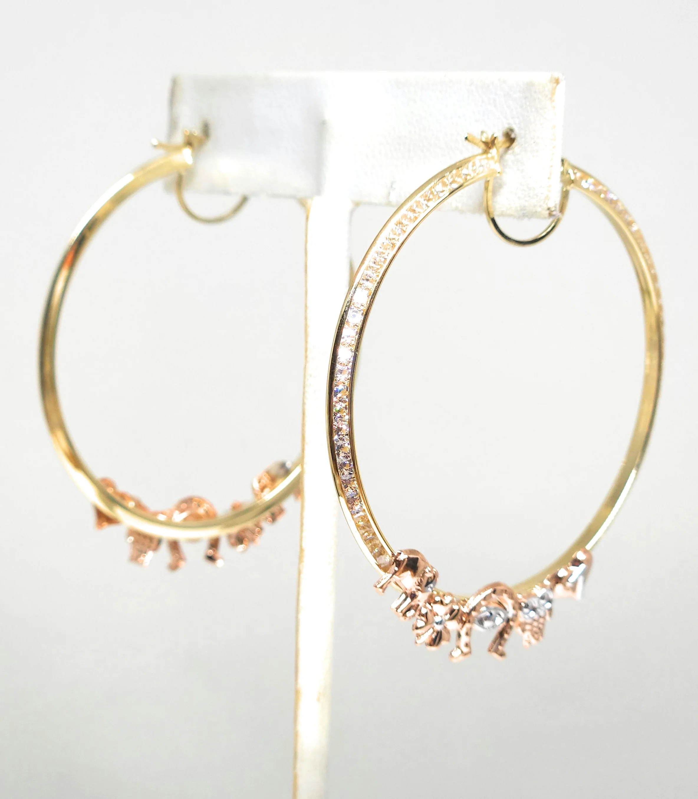 14k Solid Gold Tri-Color LUCKY SYMBOLS CZ Hoop Earrings - Image 5