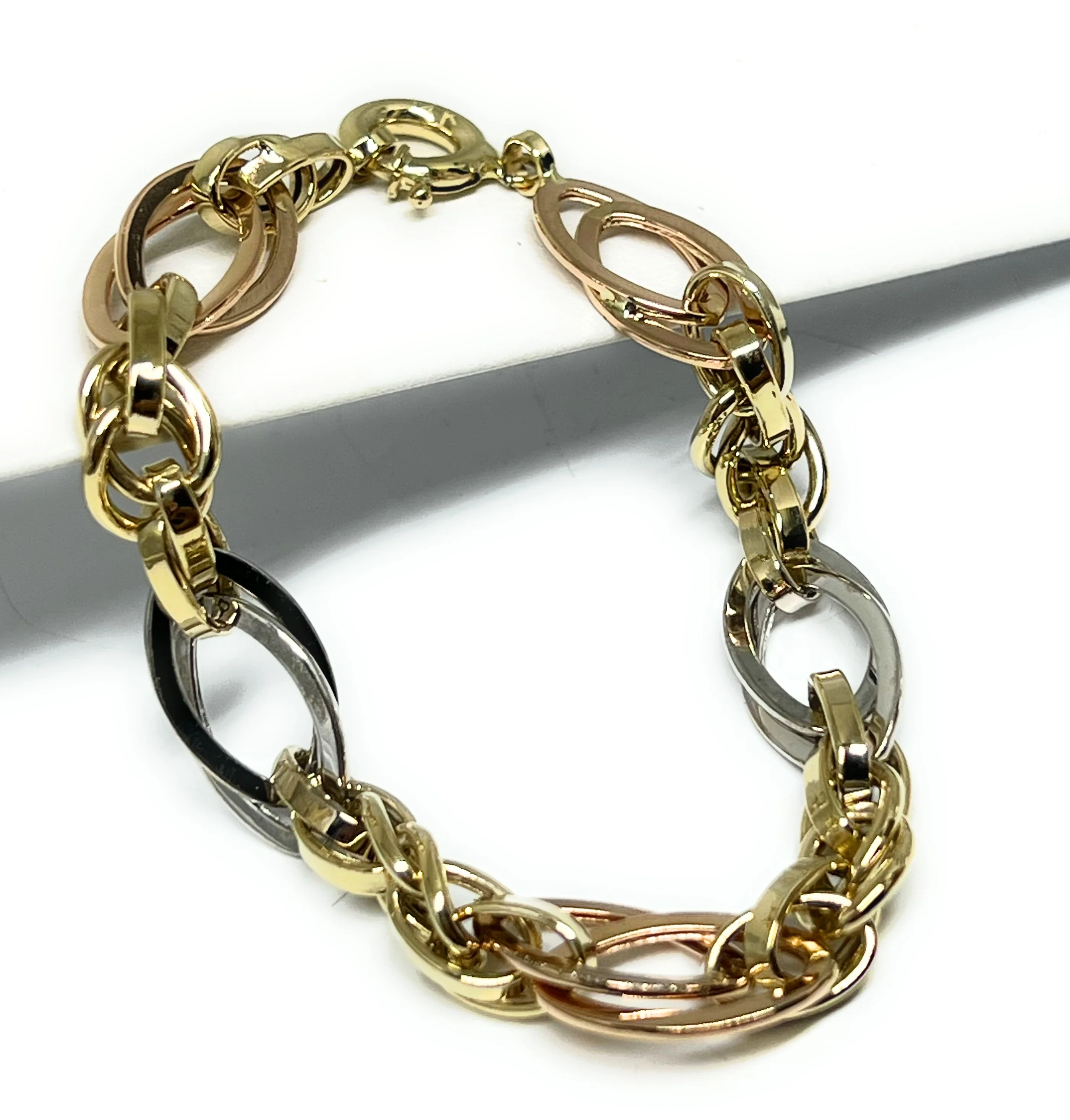 14k Solid Gold TRI-COLOR OVAL HOOP LINK 7.5 INCH BRRACELET (SEMI-HOLLOW) - Image 4