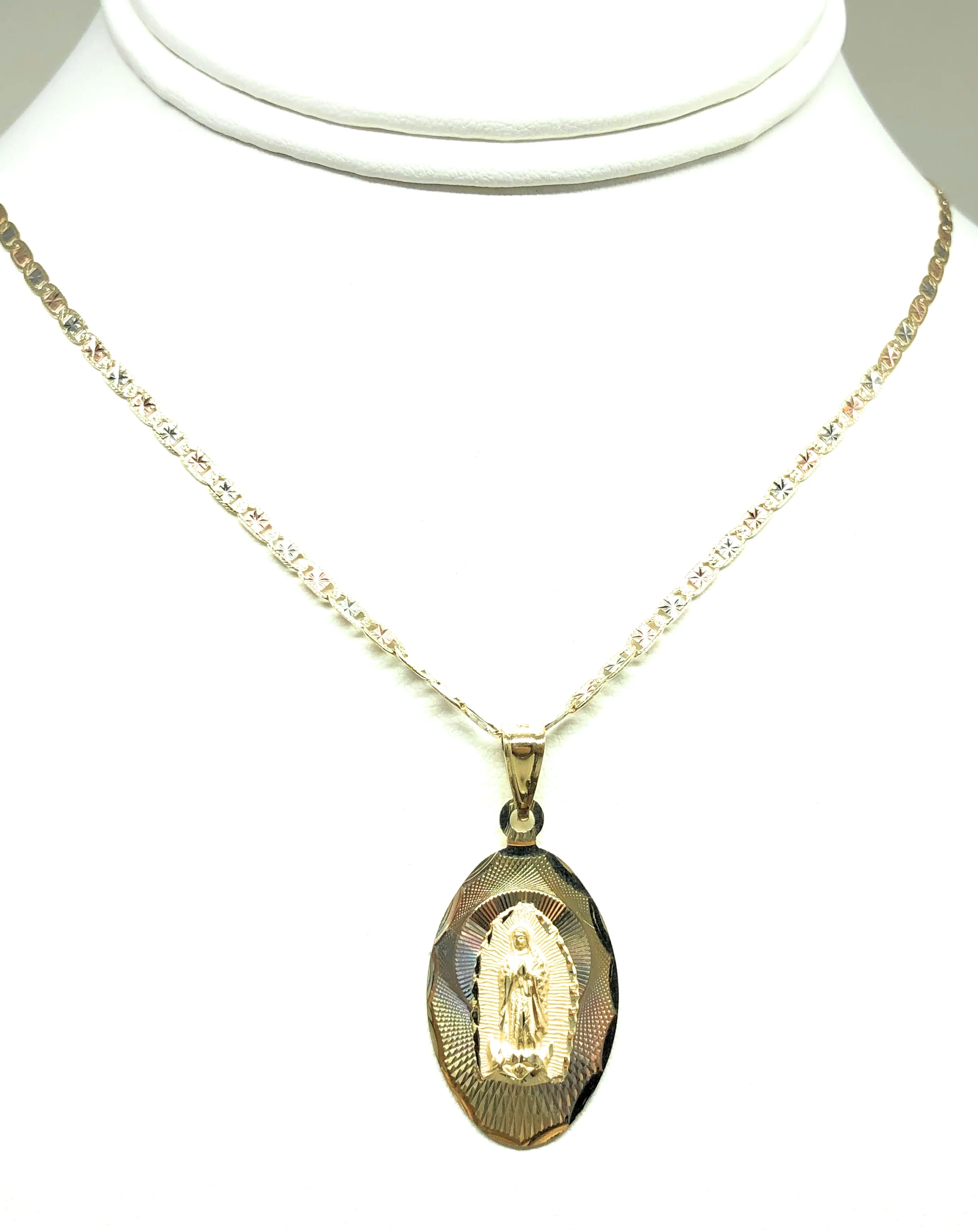 10k Solid Gold Tri-Color Oval Virrgin Mary Pendant Necklace Virrgen Gaudalupe Valentina Chain - Image 5