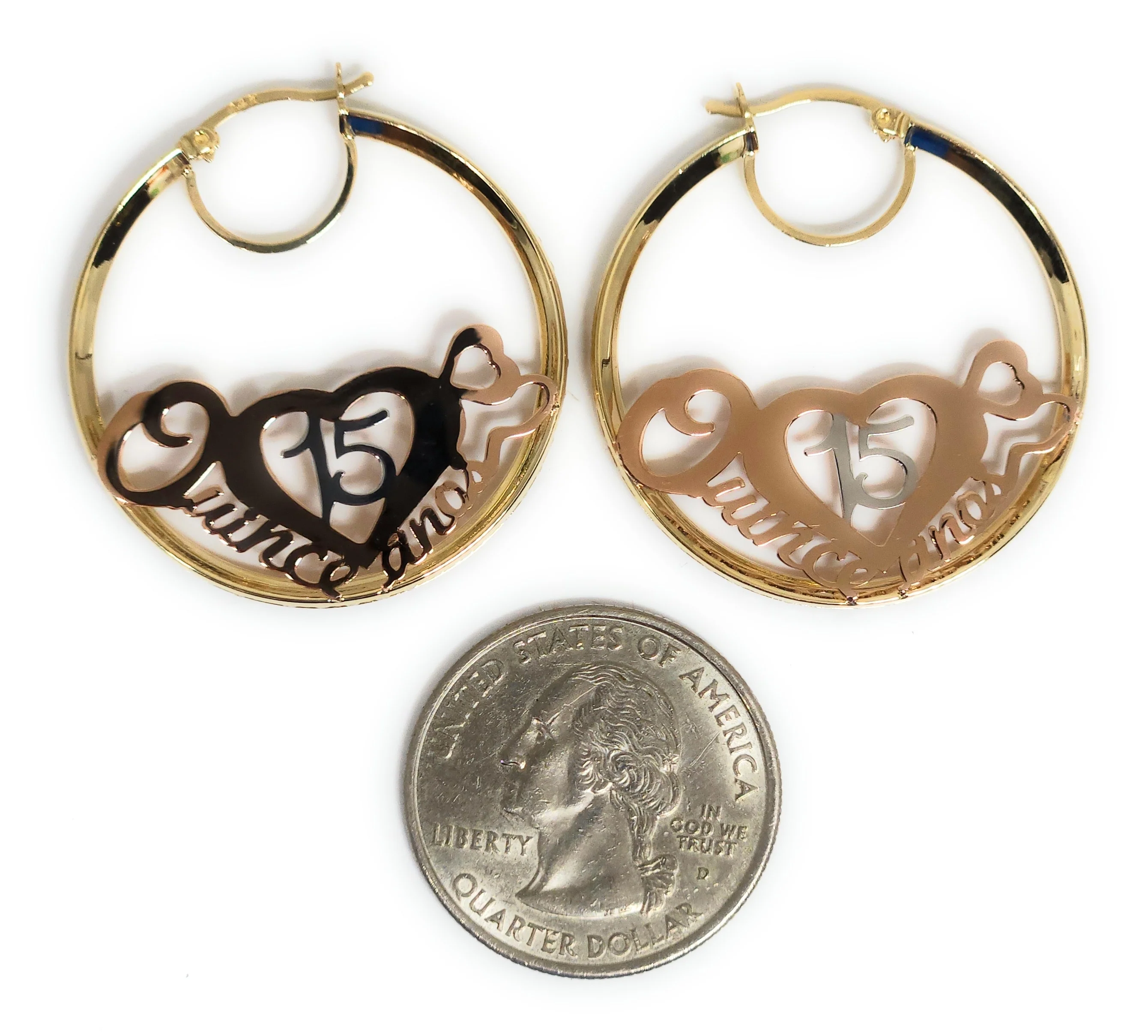 14k Solid Gold Tri-Color QUINCE AÑOS HEART CZ Hoop Earrings - Image 2