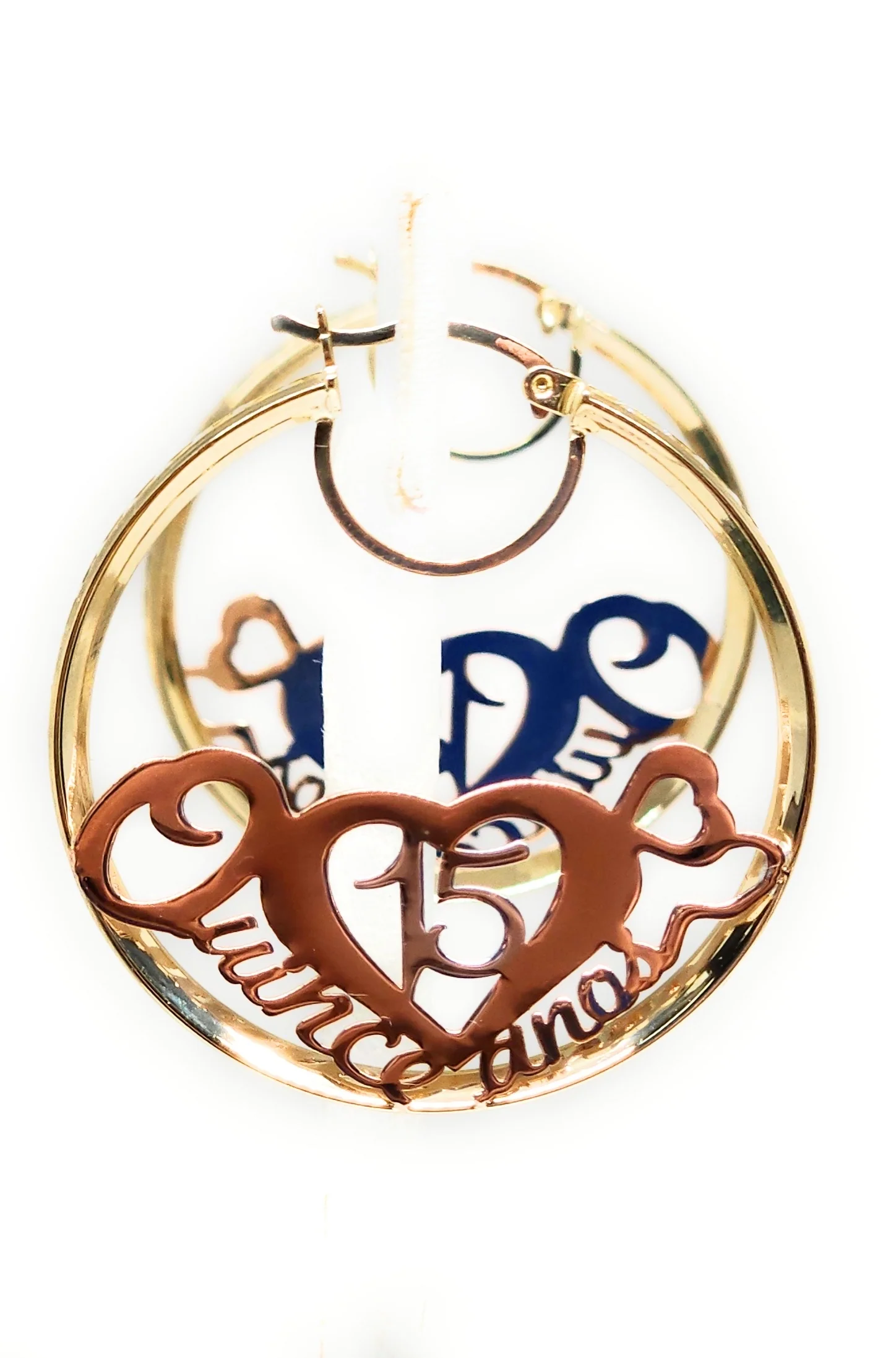 14k Solid Gold Tri-Color QUINCE AÑOS HEART CZ Hoop Earrings - Image 6