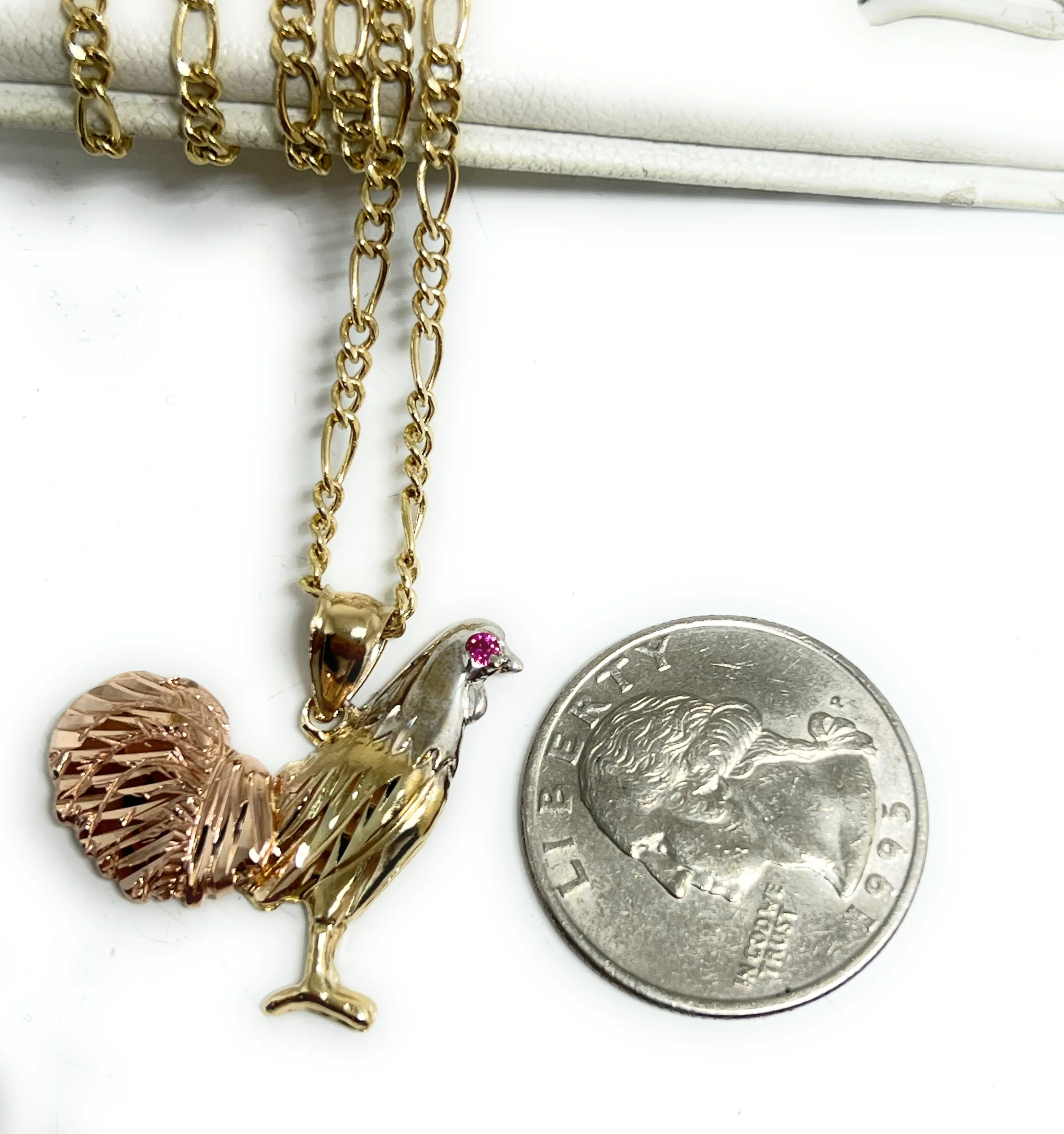 14k Solid Gold Tri-Color Rooster Pendant Necklace - Image 3