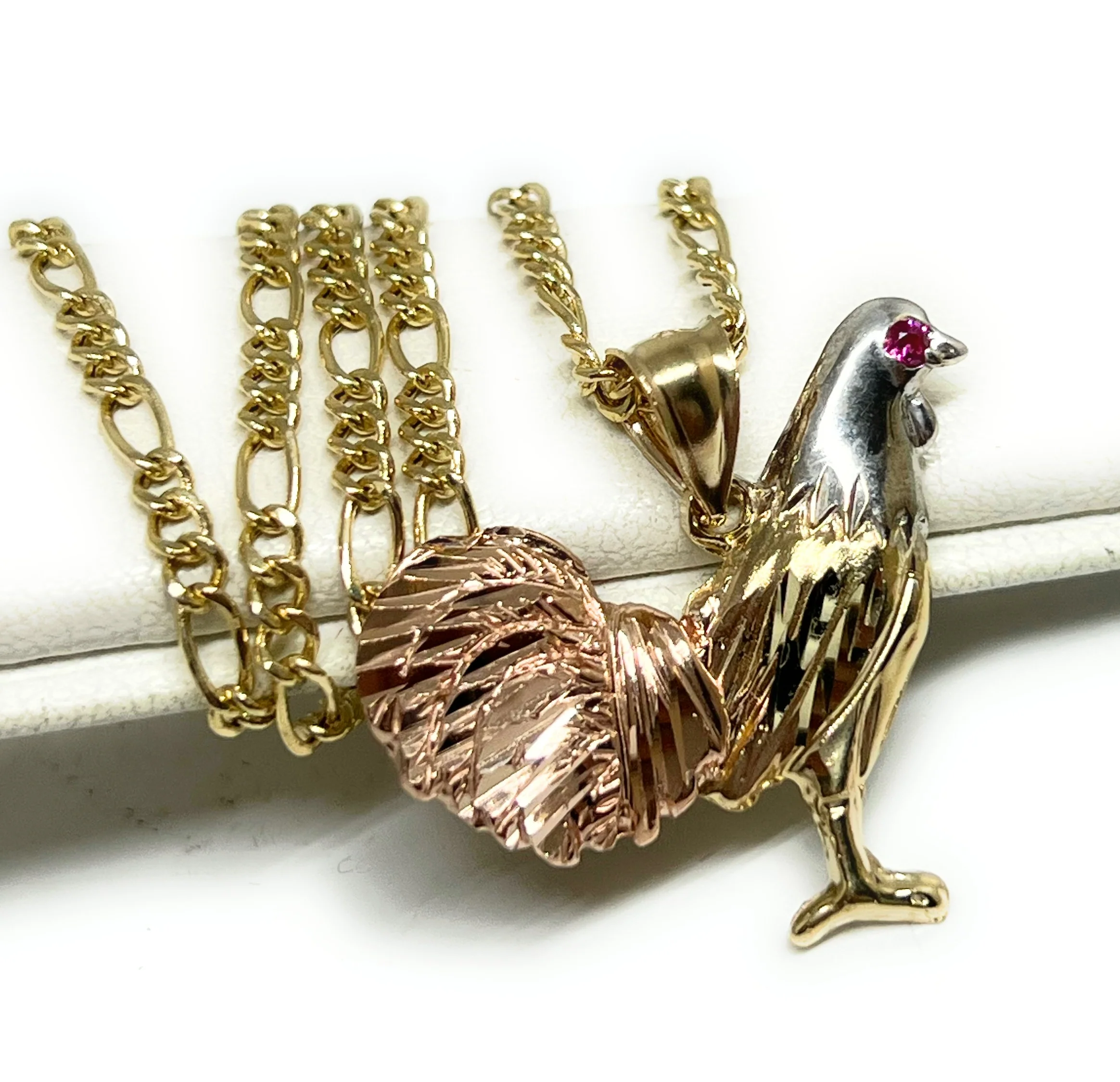 14k Solid Gold Tri-Color Rooster Pendant Necklace - Image 4