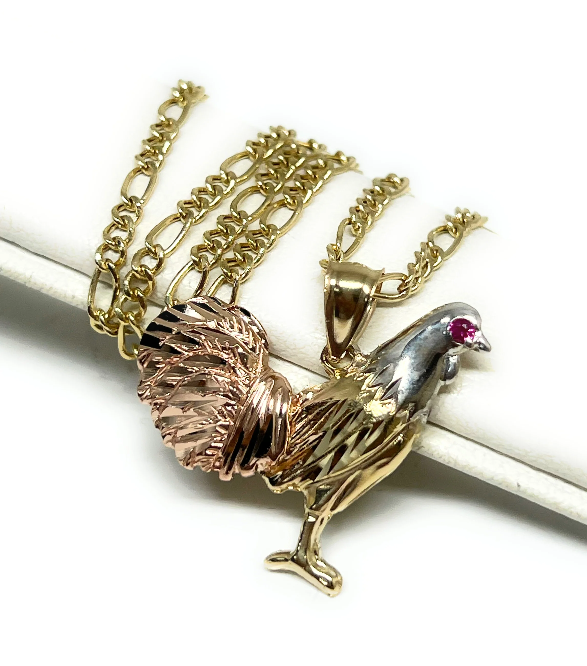 14k Solid Gold Tri-Color Rooster Pendant Necklace - Image 5