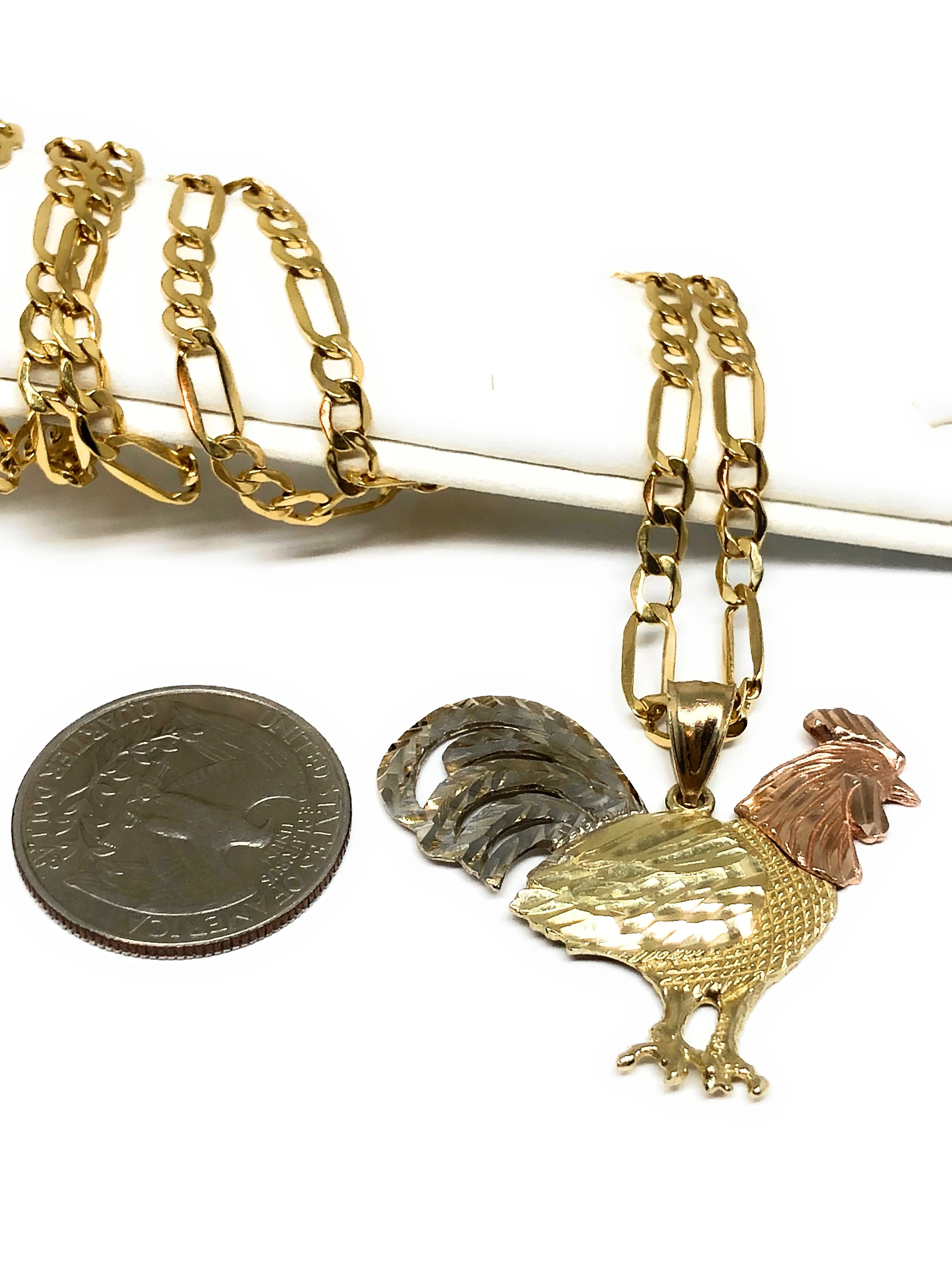 14k Solid Gold Tri-Color Rooster Pendant Necklace with Figaro Chain - Image 3