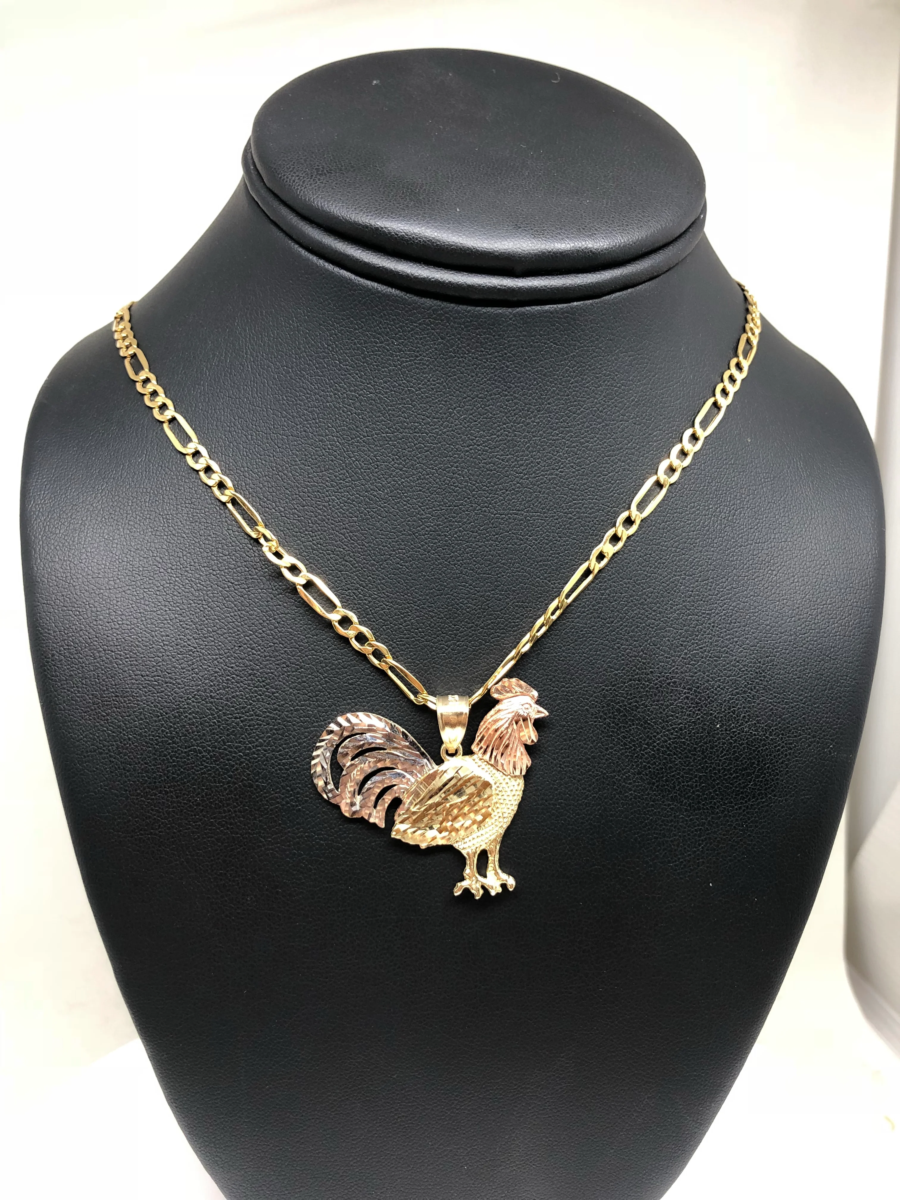 14k Solid Gold Tri-Color Rooster Pendant Necklace with Figaro Chain - Image 4