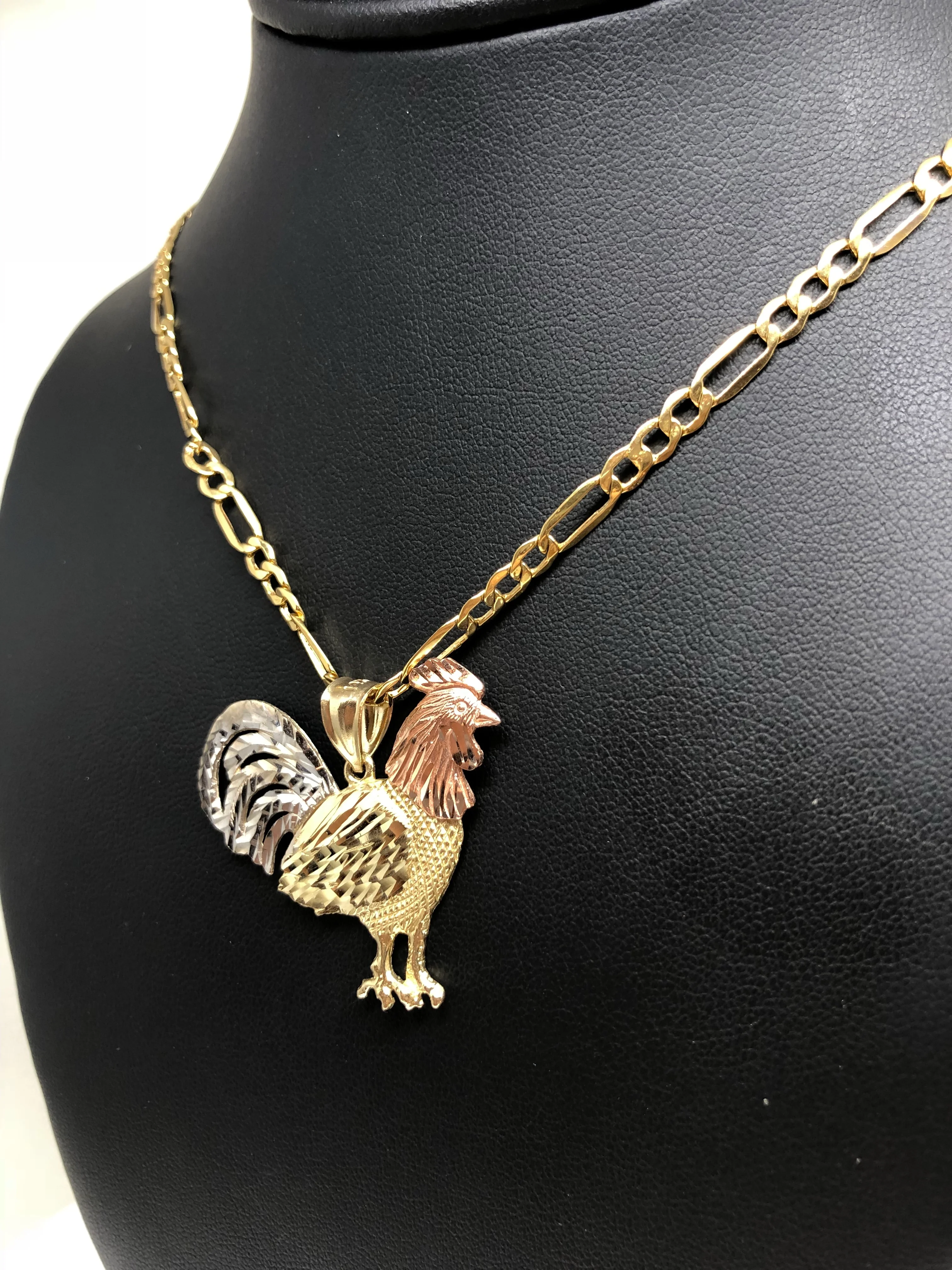 14k Solid Gold Tri-Color Rooster Pendant Necklace with Figaro Chain - Image 5