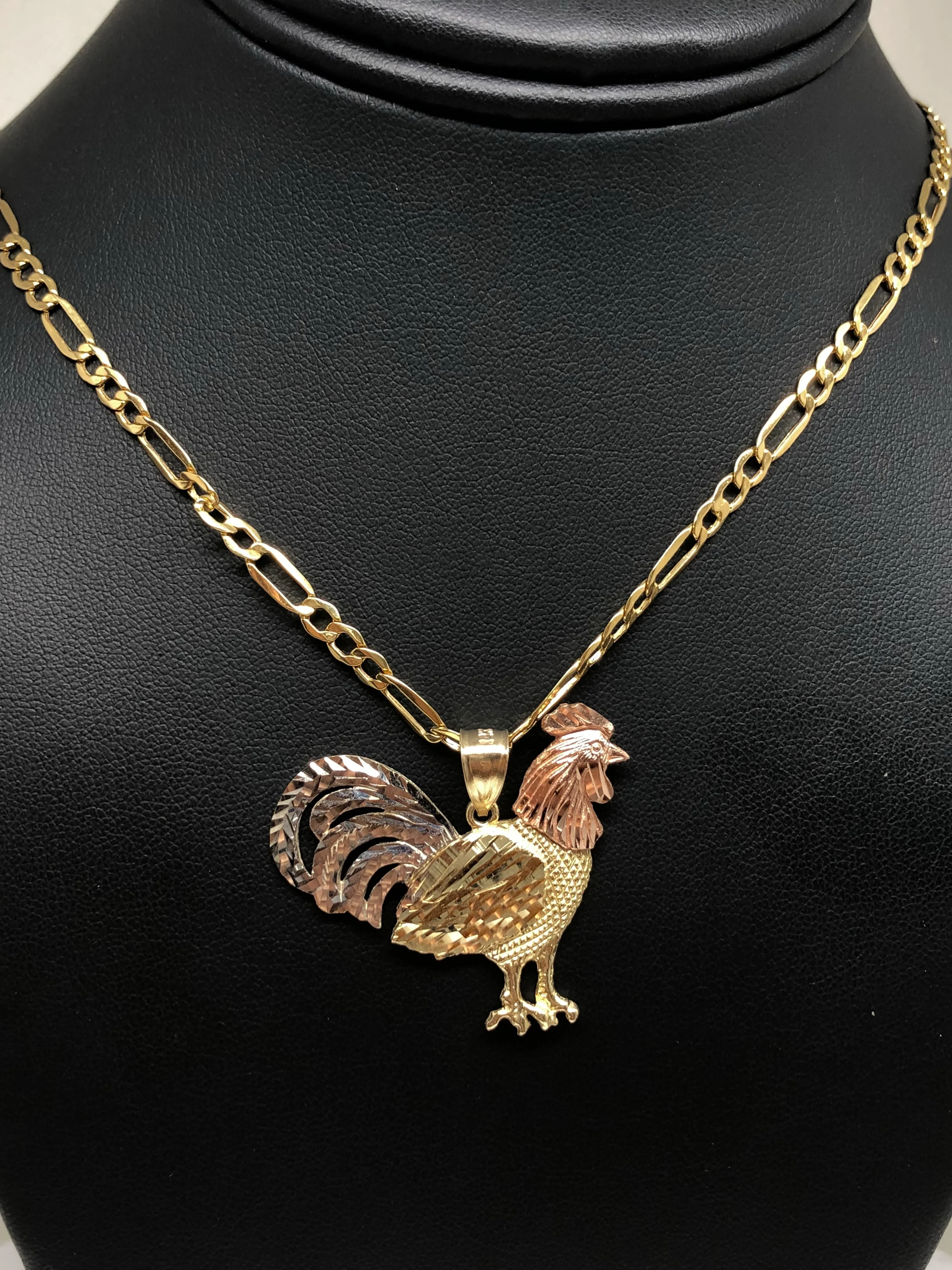 14k Solid Gold Tri-Color Rooster Pendant Necklace with Figaro Chain - Image 6