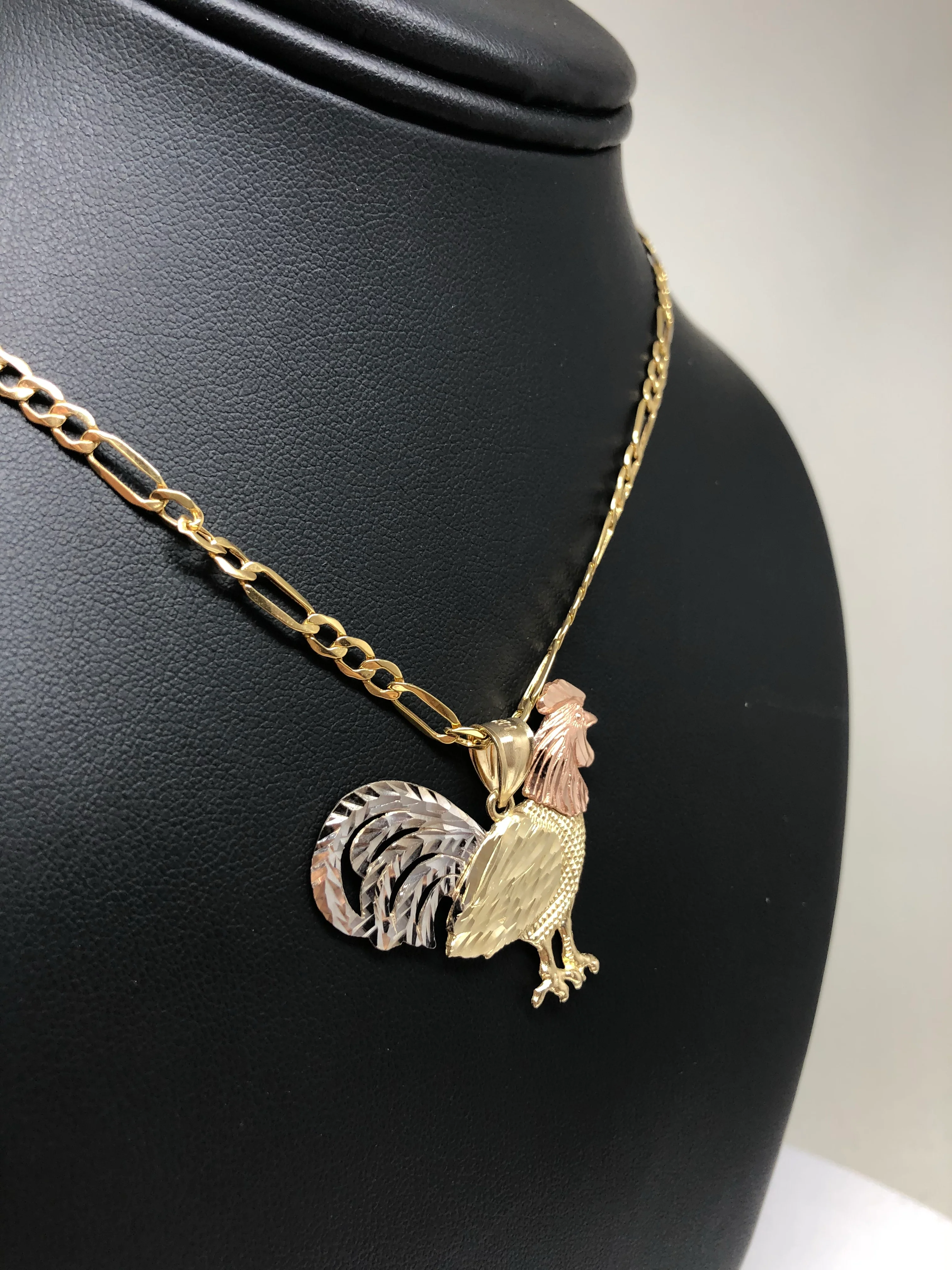 14k Solid Gold Tri-Color Rooster Pendant Necklace with Figaro Chain - Image 7