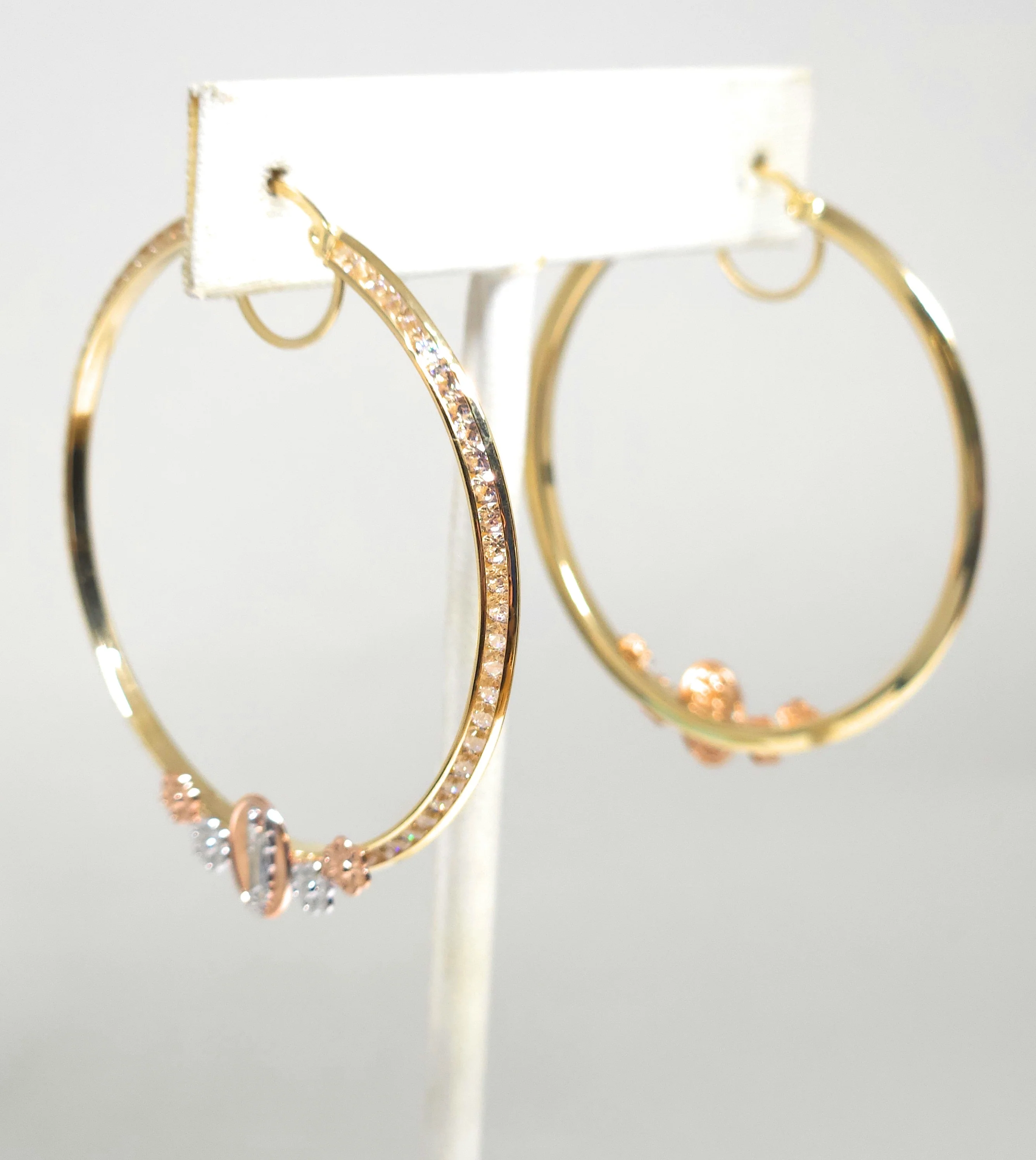 14k Solid Gold Tri-Color SAAN JUDAS FLOWER CZ Hoop Earrings - Image 4