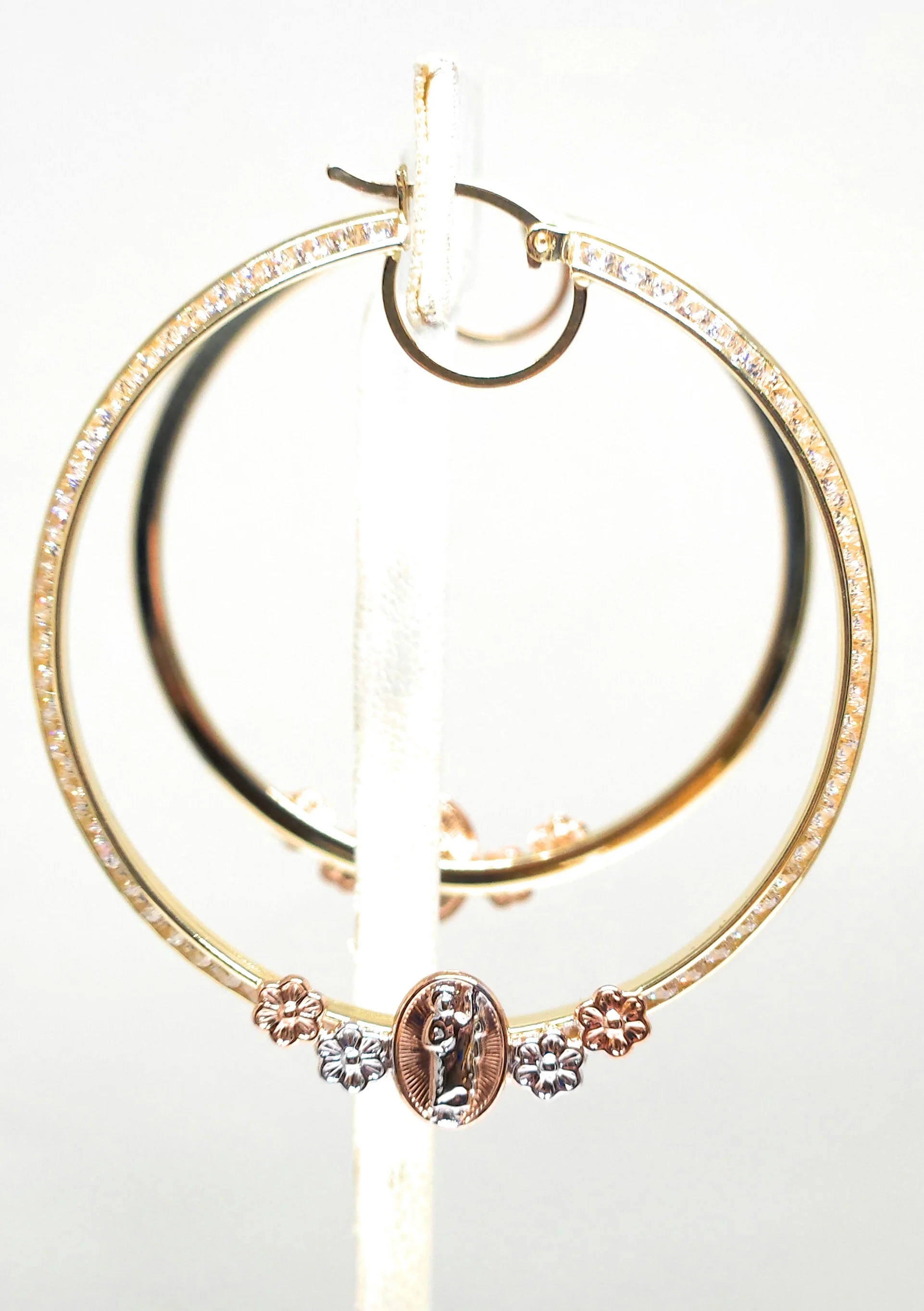 14k Solid Gold Tri-Color SAAN JUDAS FLOWER CZ Hoop Earrings - Image 5