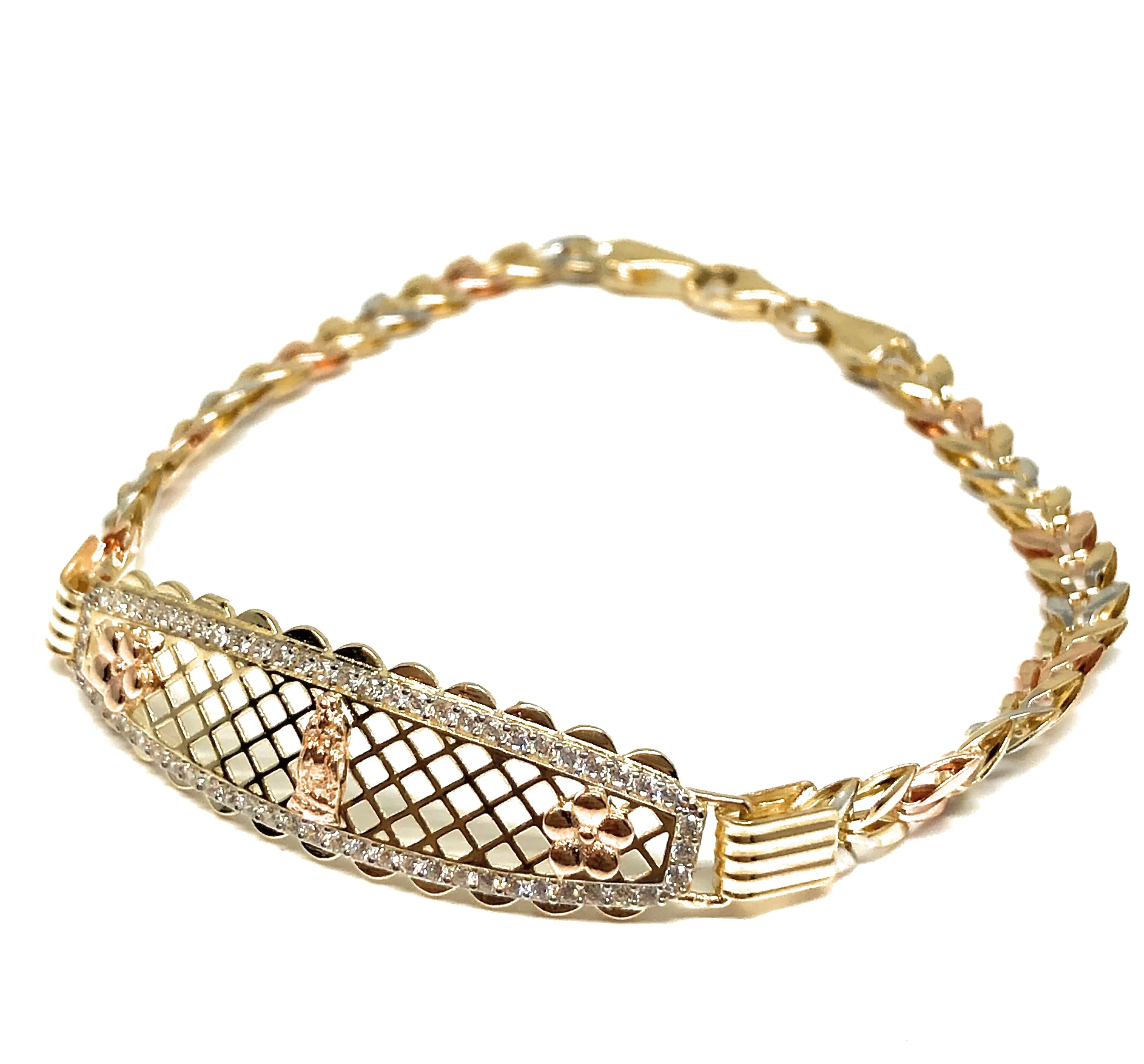 14k Solid Gold Tri-Color Virrgin Mary Brracelet Cubic Zirconia 7.2 inch Virrgen Guadalupe - Image 3