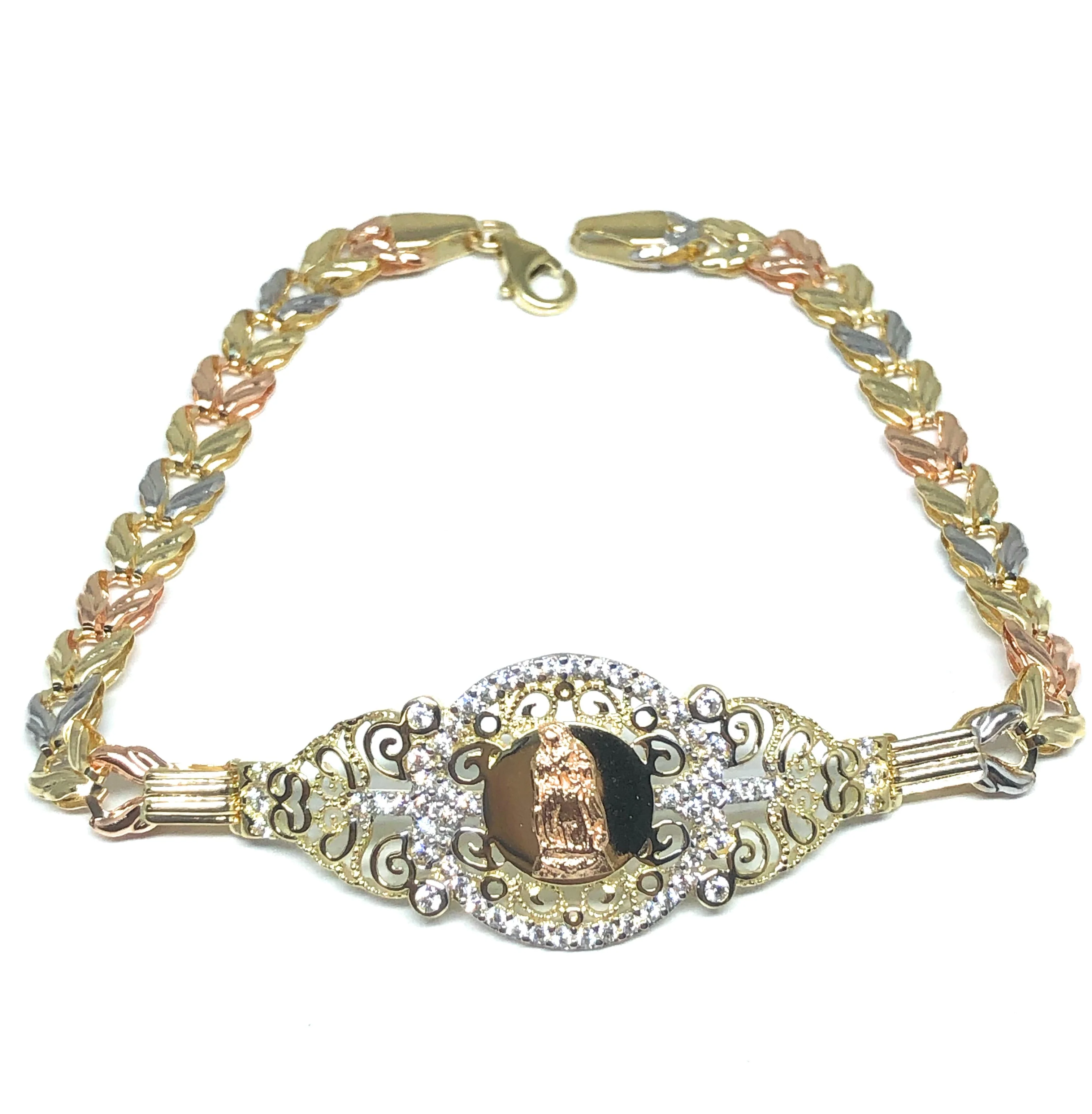 14k Solid Gold Tri-Color Virrgin Mary Brracelet Cubic Zirconia 7.5 inch Virrgen Guadalupe