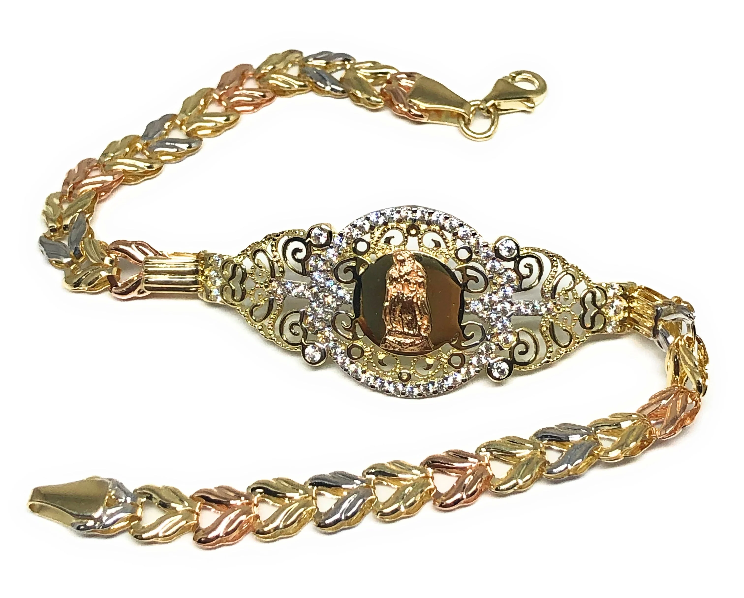14k Solid Gold Tri-Color Virrgin Mary Brracelet Cubic Zirconia 7.5 inch Virrgen Guadalupe - Image 5