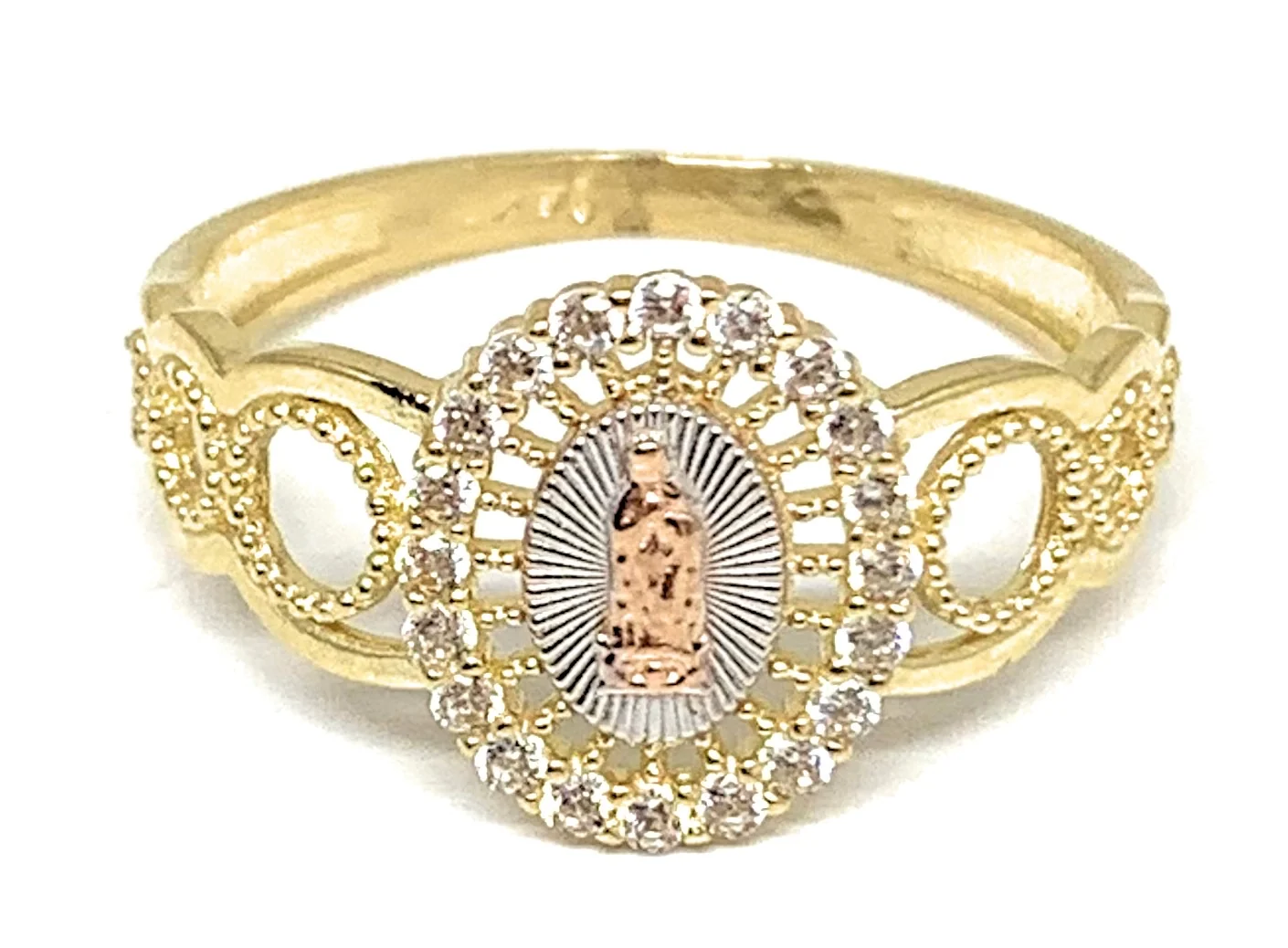 14k Solid Gold Tri-Color Virrgin Mary CZ Fancy Ring