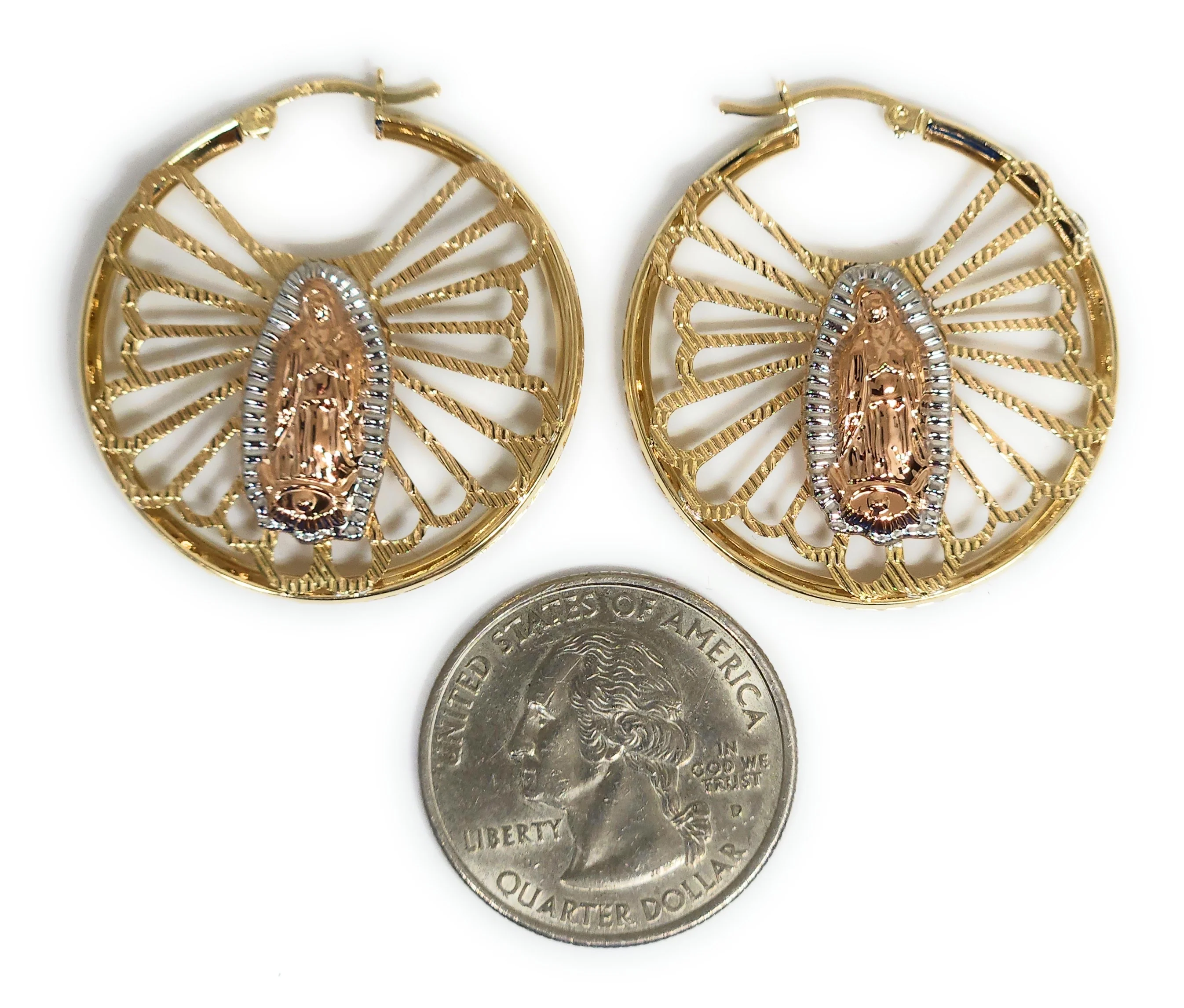 14k Solid Gold Tri-Color Virrgin Mary CZ Hoop Earrings - Image 2