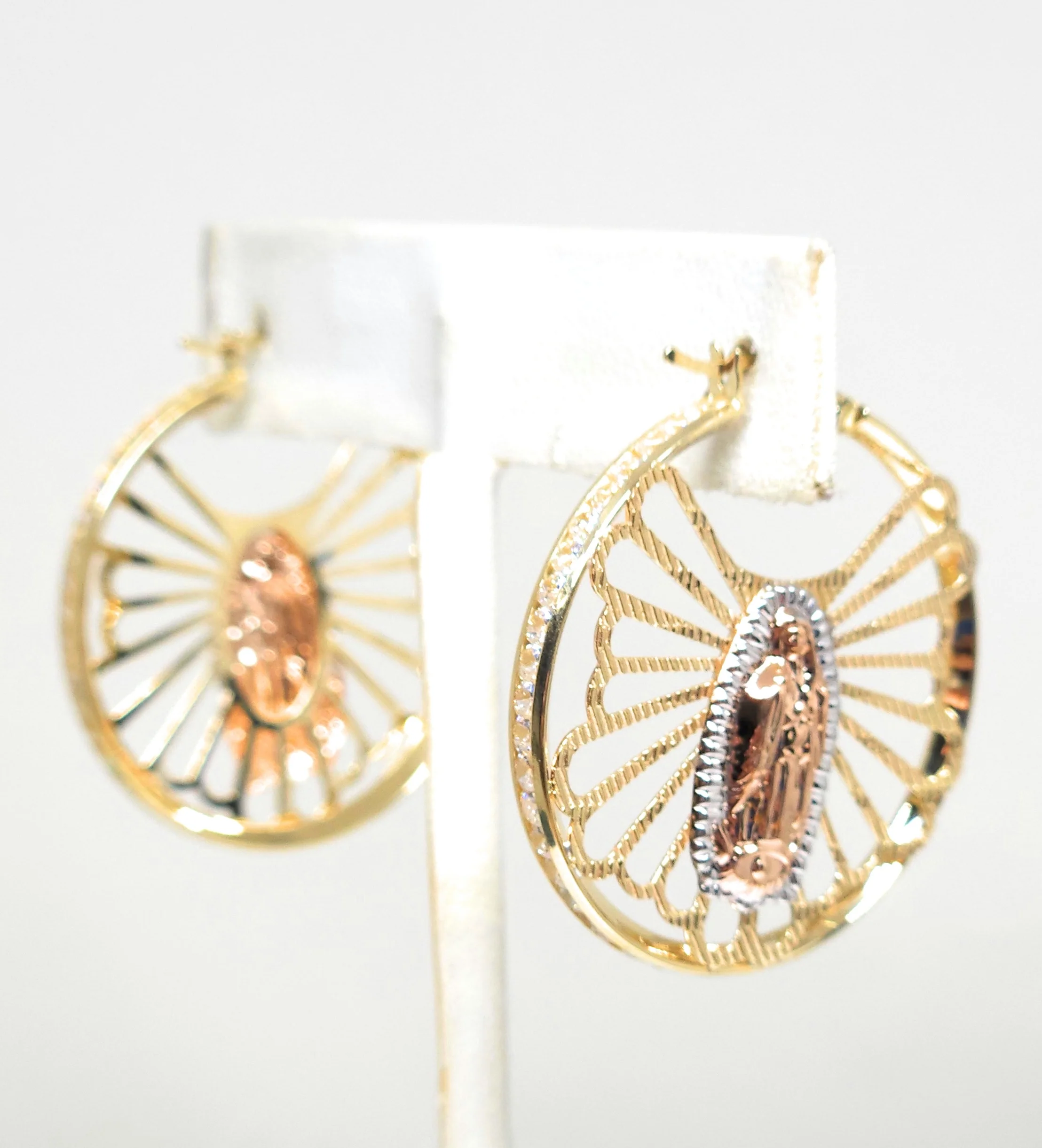 14k Solid Gold Tri-Color Virrgin Mary CZ Hoop Earrings - Image 6