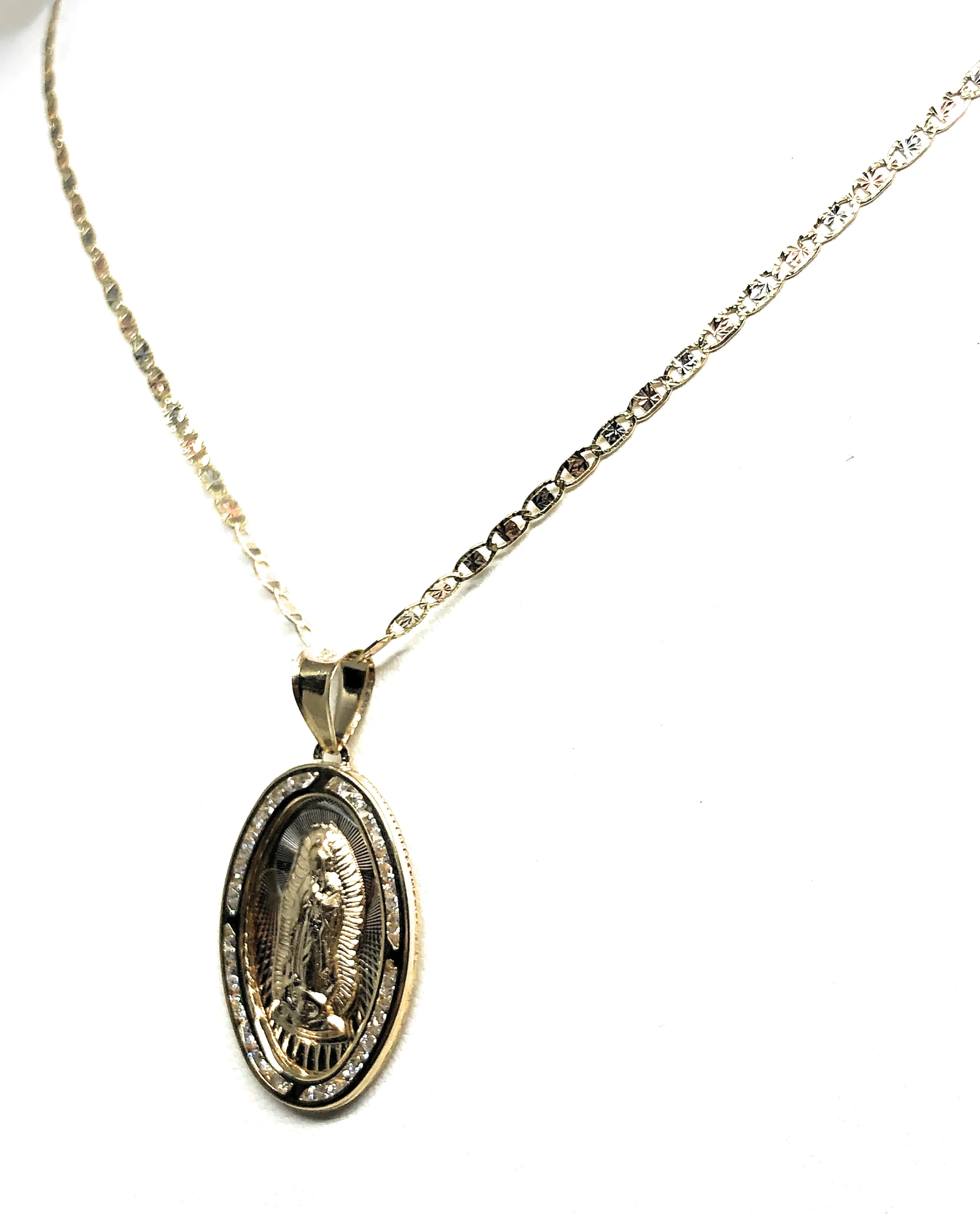 14k Solid Gold Tri-Color Virrgin Mary CZ Oval Pendant Necklace Virrgen Gaudalupe Valentina Chain (MED,LG) - Image 7